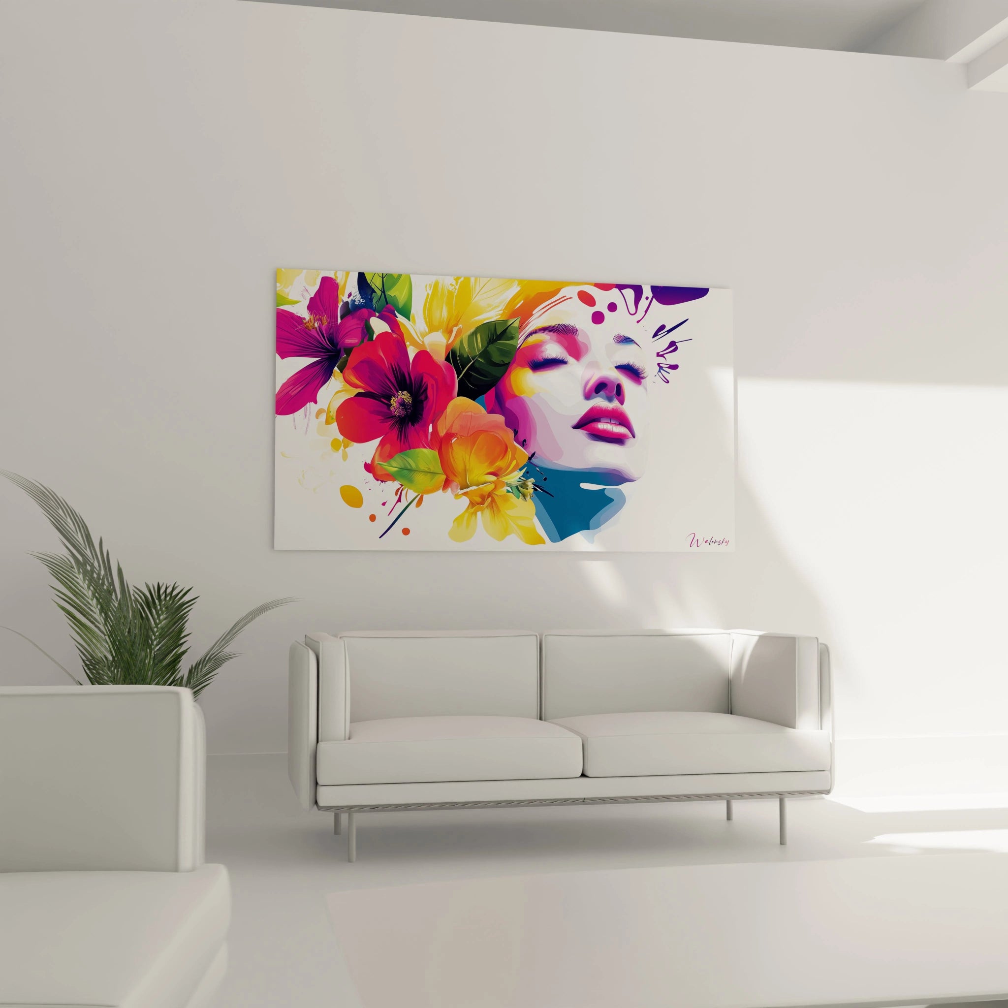 Un tableau Giuseppe Arcimboldo mettant en scène un visage aux lèvres roses, les yeux fermés, entouré de fleurs éclatantes aux nuances jaune et violet, avec des touches de peinture éclaboussées sur fond blanc.