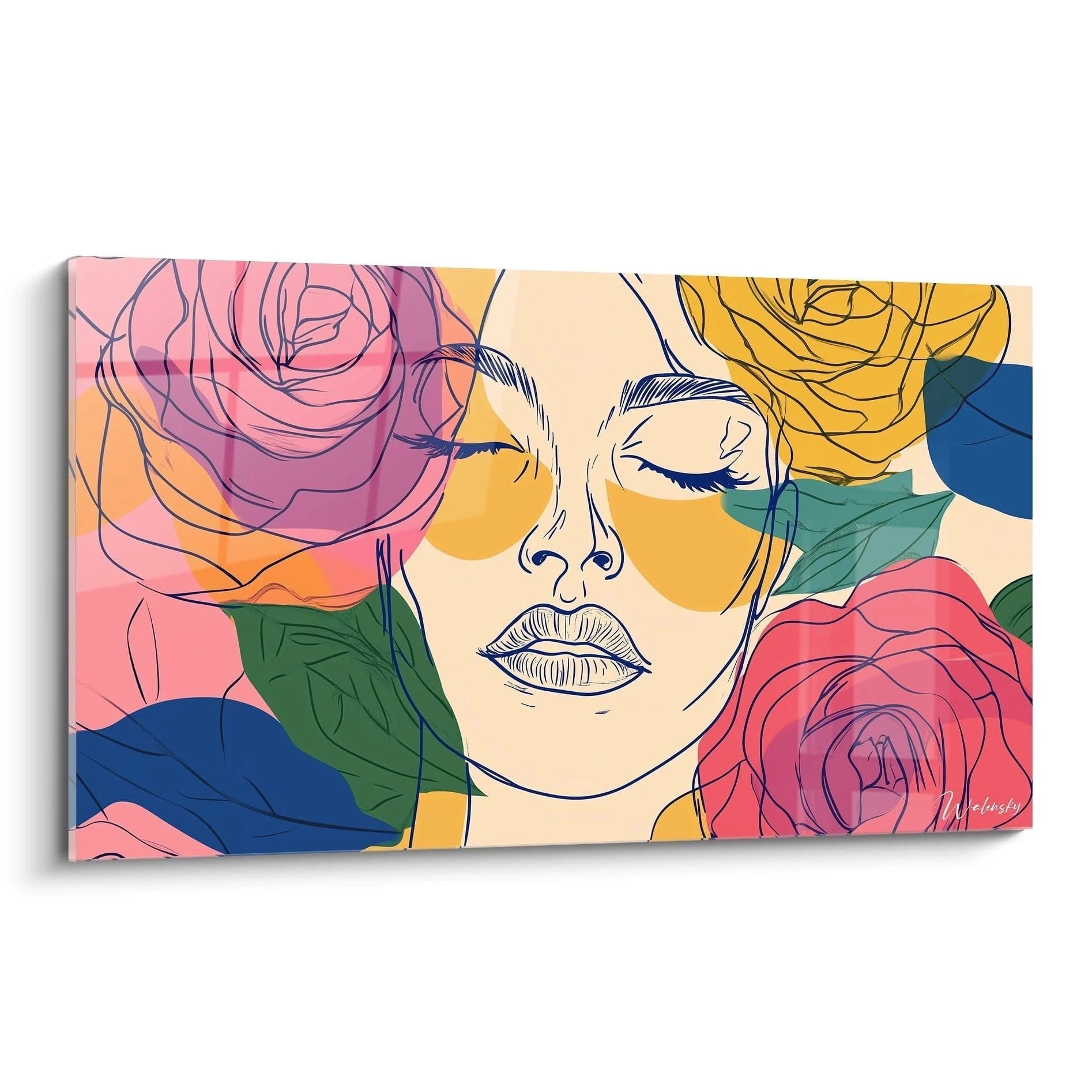 Un tableau Giuseppe Arcimboldo représentant un visage féminin esquissé en lignes fines, entouré de roses stylisées aux tons rose, jaune et vert, avec des aplats de couleur et des superpositions graphiques.