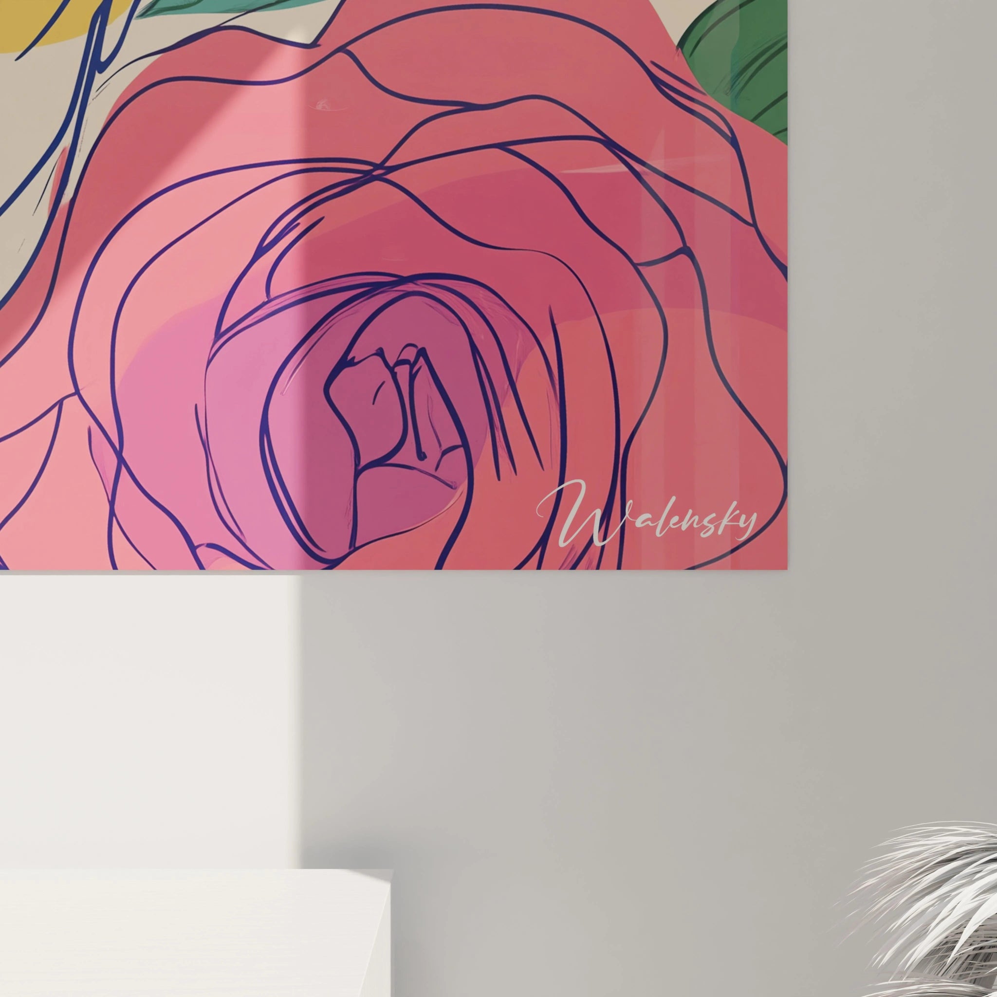 Un tableau Giuseppe Arcimboldo fusionnant un portrait esquissé en noir avec des motifs floraux aux nuances rose et jaune, contrasté par des touches de bleu et de vert sur un fond aux aplats de couleur.