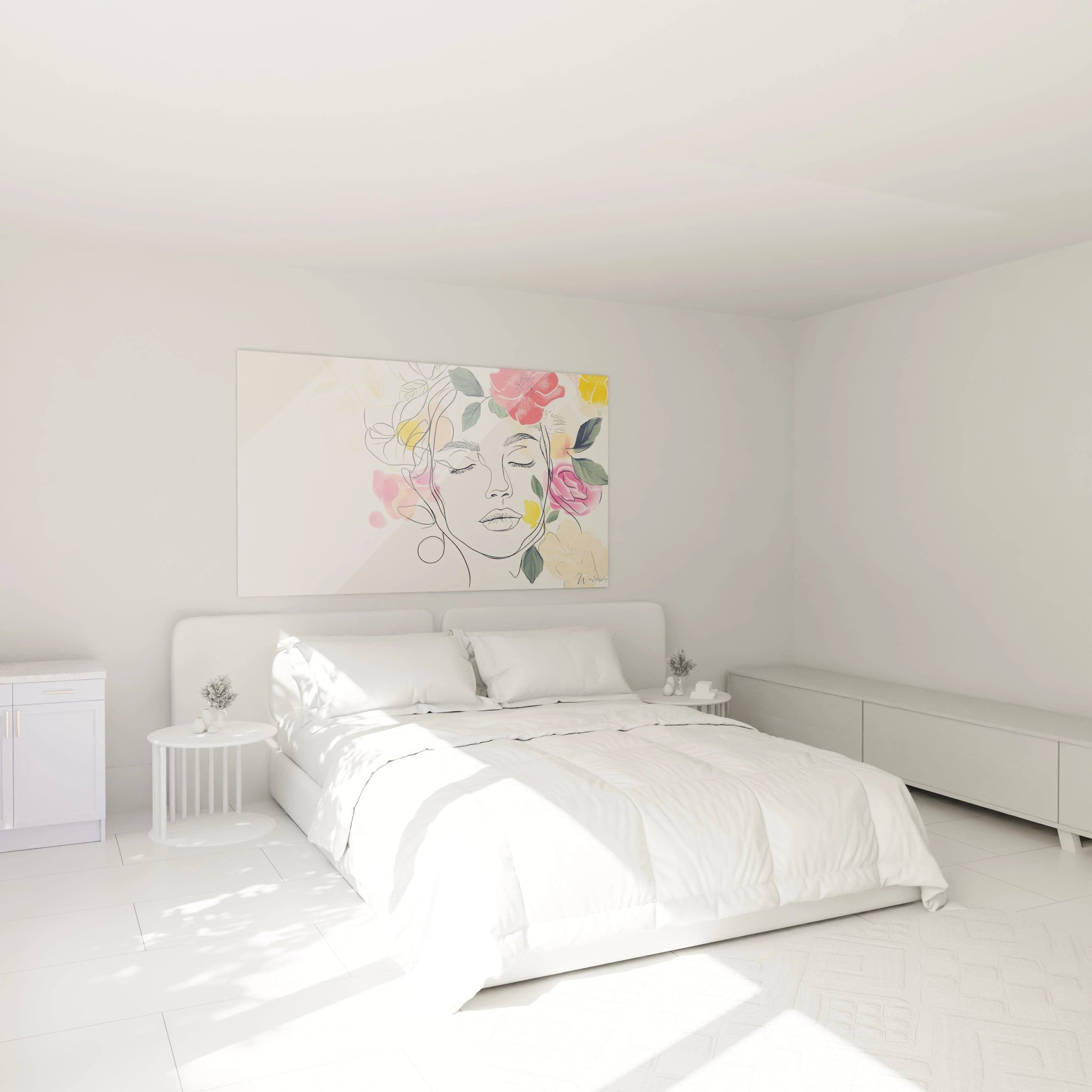 Un tableau Giuseppe Arcimboldo représentant un visage esquissé en noir, entrelacé avec des fleurs détaillées en rose, jaune et vert, sur un fond beige aux textures douces et translucides.