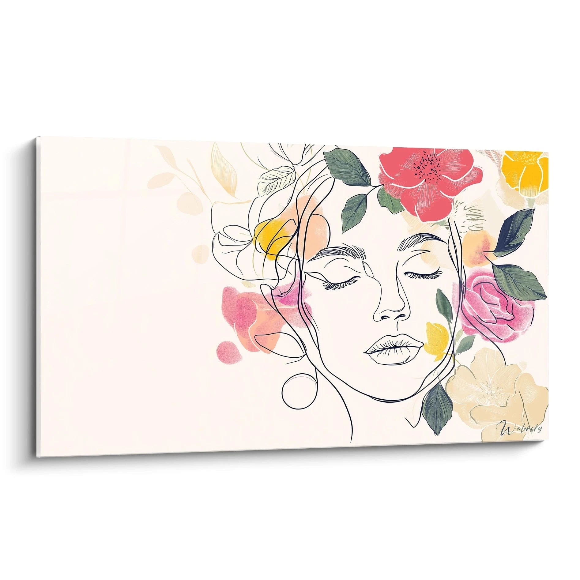 Un tableau Giuseppe Arcimboldo illustrant un visage stylisé entouré de fleurs aux teintes roses, jaunes et beiges, avec des lignes noires fluides et des effets aquarellés sur un fond clair.