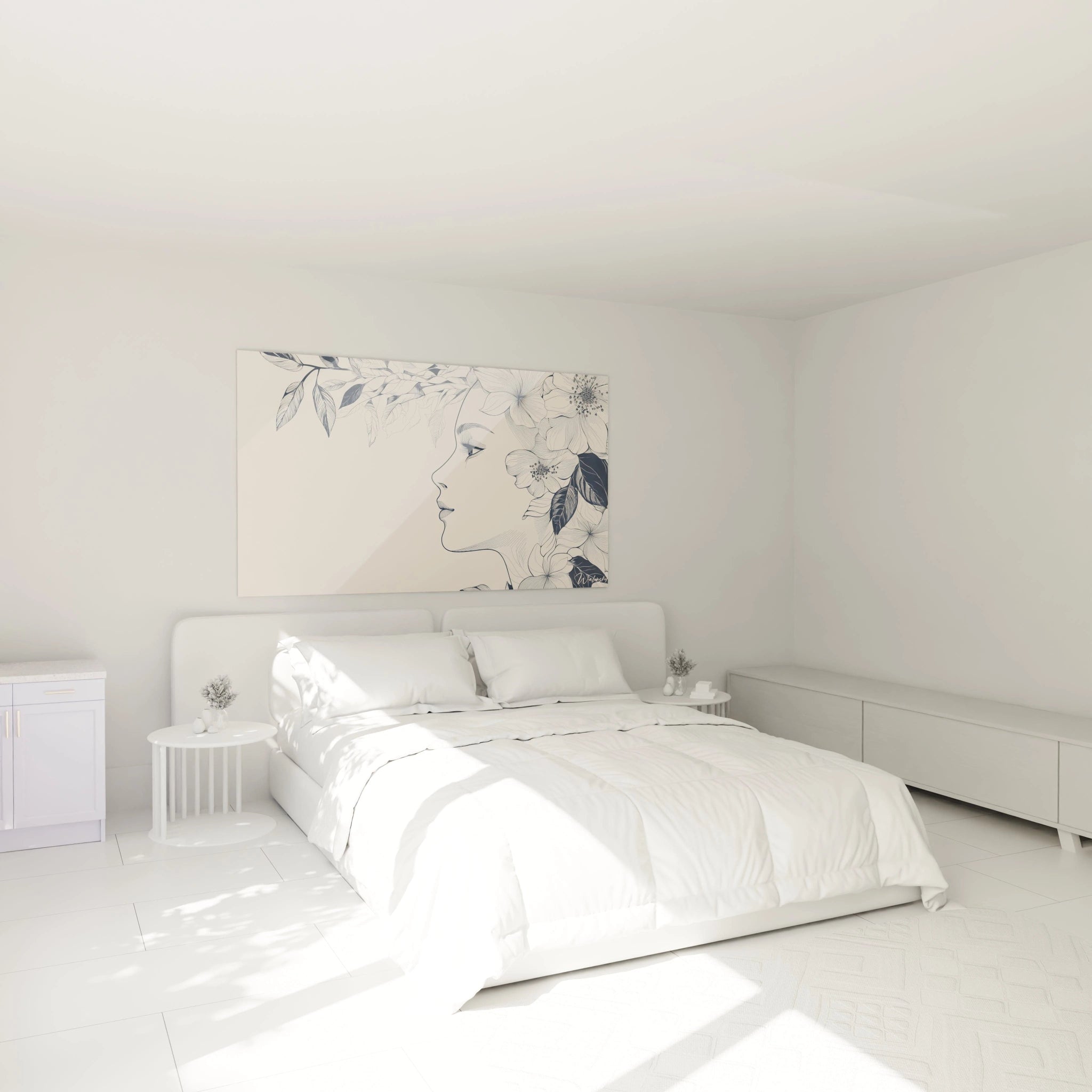 Un tableau Giuseppe Arcimboldo illustrant un visage de profil dessiné en noir, fusionné avec des motifs floraux et feuillus aux tracés fins, avec un contraste marqué entre le sujet et le fond beige clair.