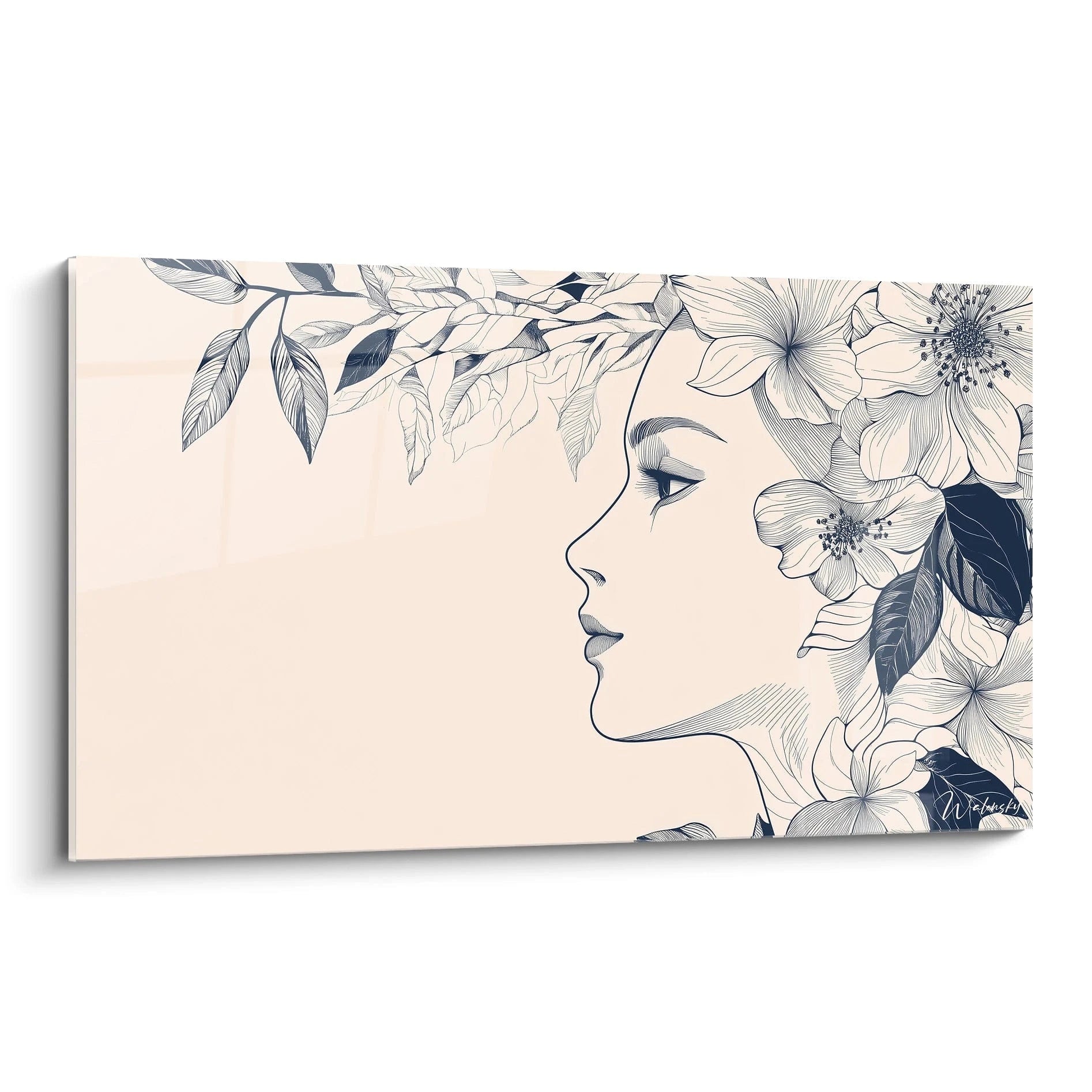 Un tableau Giuseppe Arcimboldo représentant un profil féminin en noir et blanc, entouré de fleurs et de feuilles détaillées, sur un fond beige avec des lignes nettes et des textures graphiques.