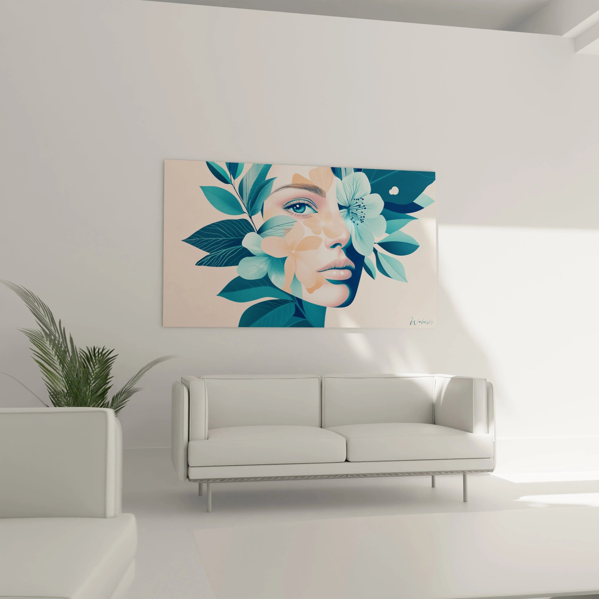 Un tableau Giuseppe Arcimboldo mettant en scĂšne un visage fĂ©minin en bleu et beige, oĂč des fleurs et des feuilles intĂšgrent la composition avec des contrastes doux et des textures linĂ©aires dĂ©taillĂ©es.