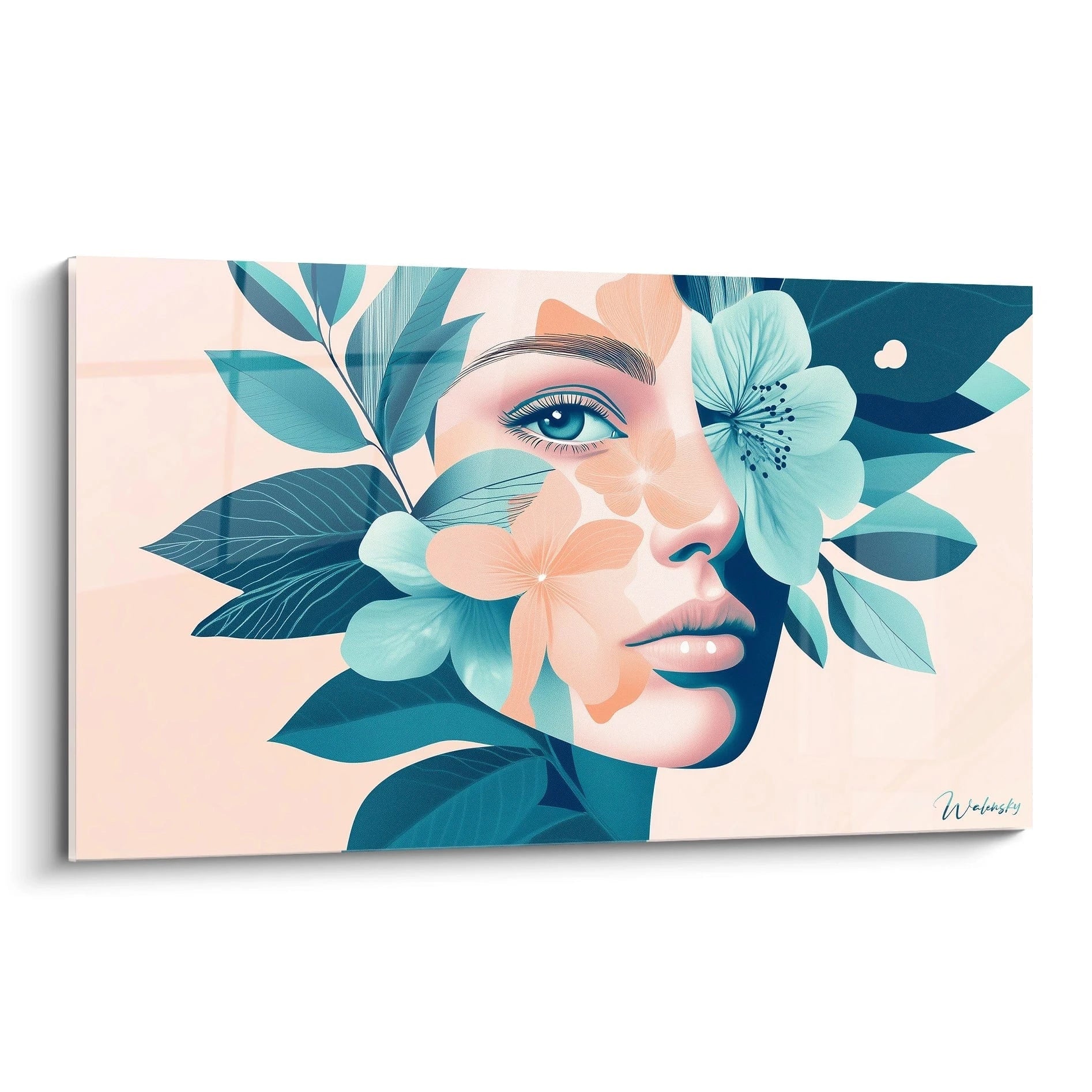 Un tableau Giuseppe Arcimboldo illustrant un visage féminin partiellement recouvert de fleurs et de feuilles en bleu, orange et beige, avec des ombres marquées et des textures lisses sur un fond clair.