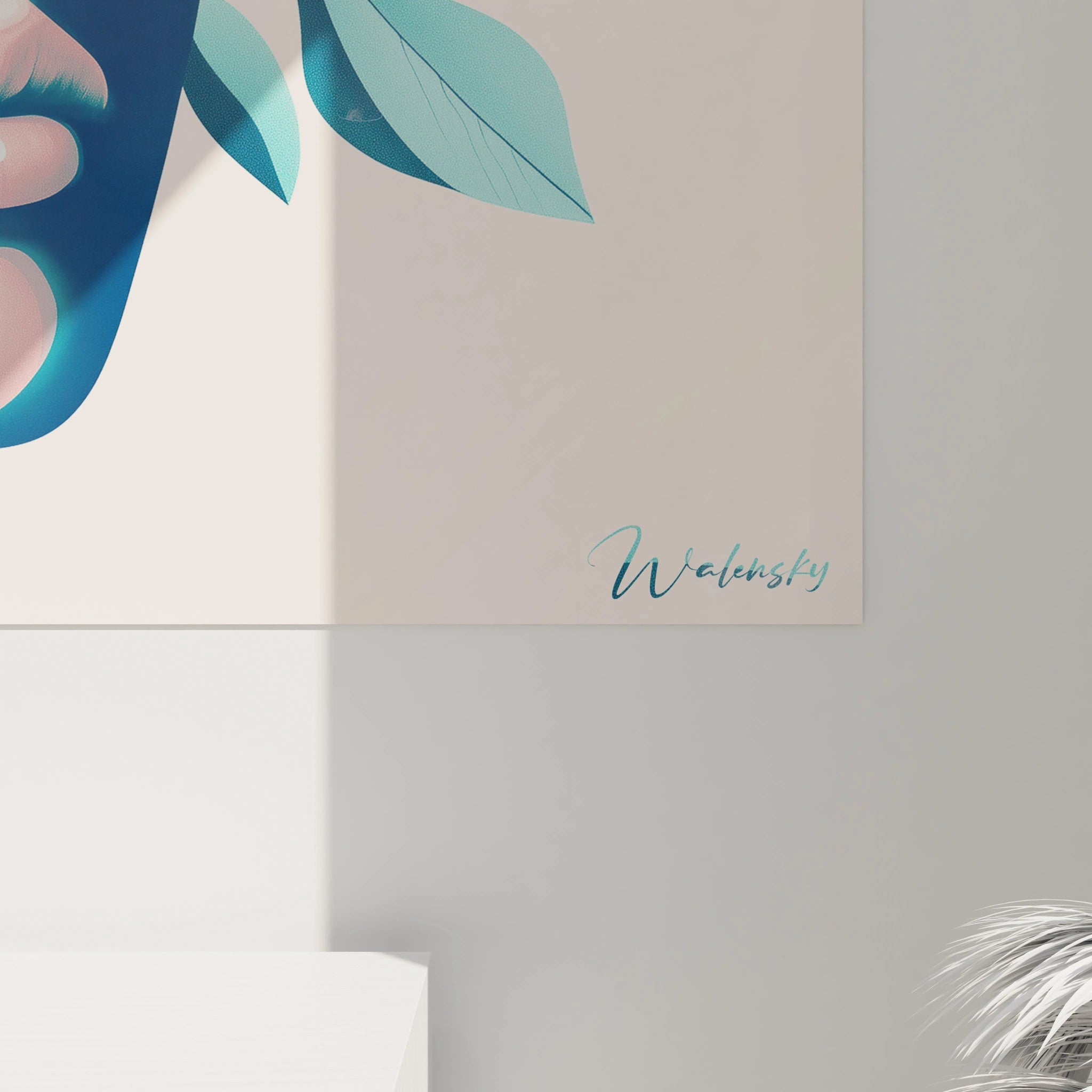 Un tableau Giuseppe Arcimboldo combinant un visage semi-rĂ©aliste et des motifs floraux en bleu et orange, avec un effet dâombre prononcĂ© et une structure graphique Ă©quilibrĂ©e sur un fond neutre.