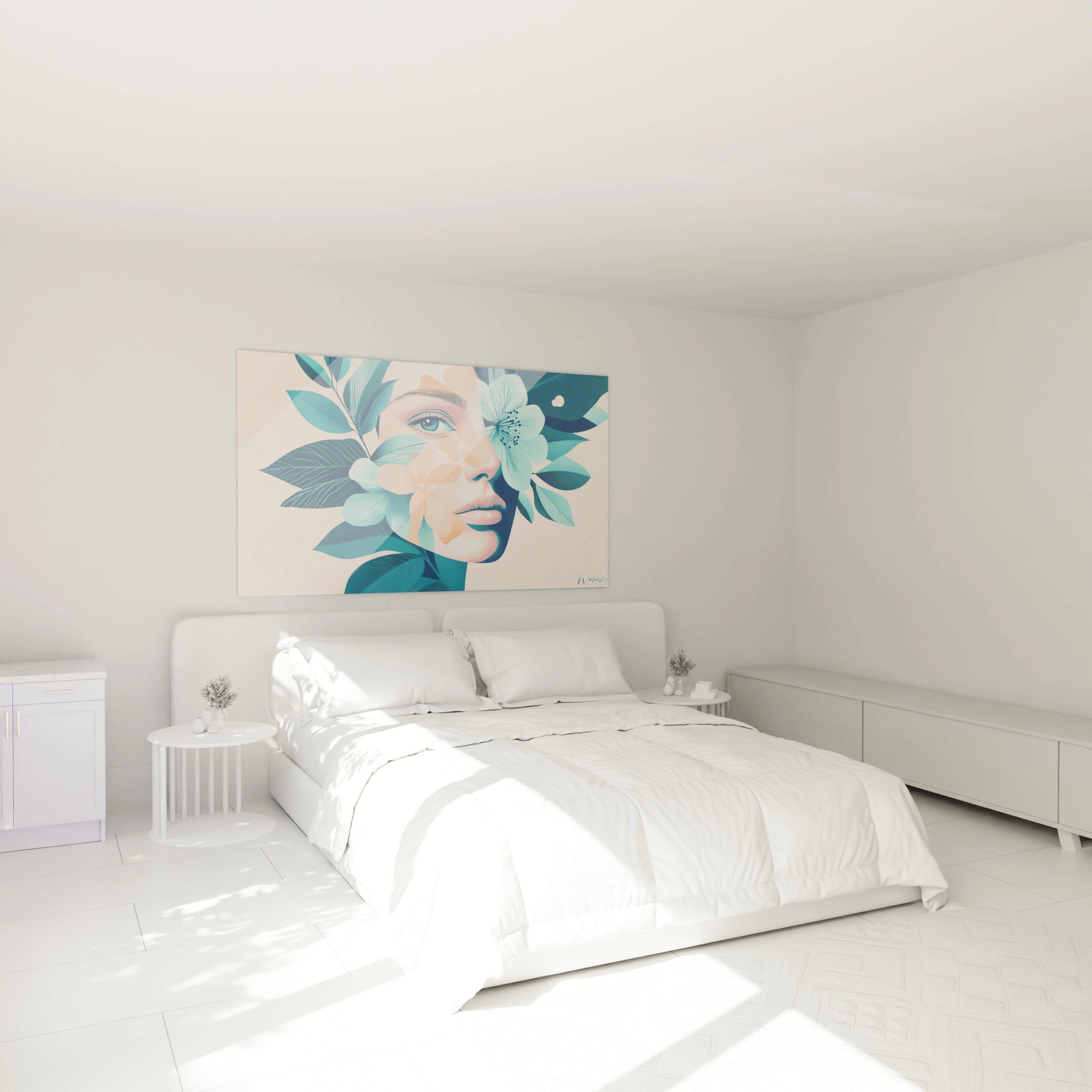 Un tableau Giuseppe Arcimboldo représentant un portrait réaliste en teintes bleu et orange, fusionné avec des éléments floraux détaillés et des feuilles contrastées, créant un jeu de superposition et de lumiÚre.