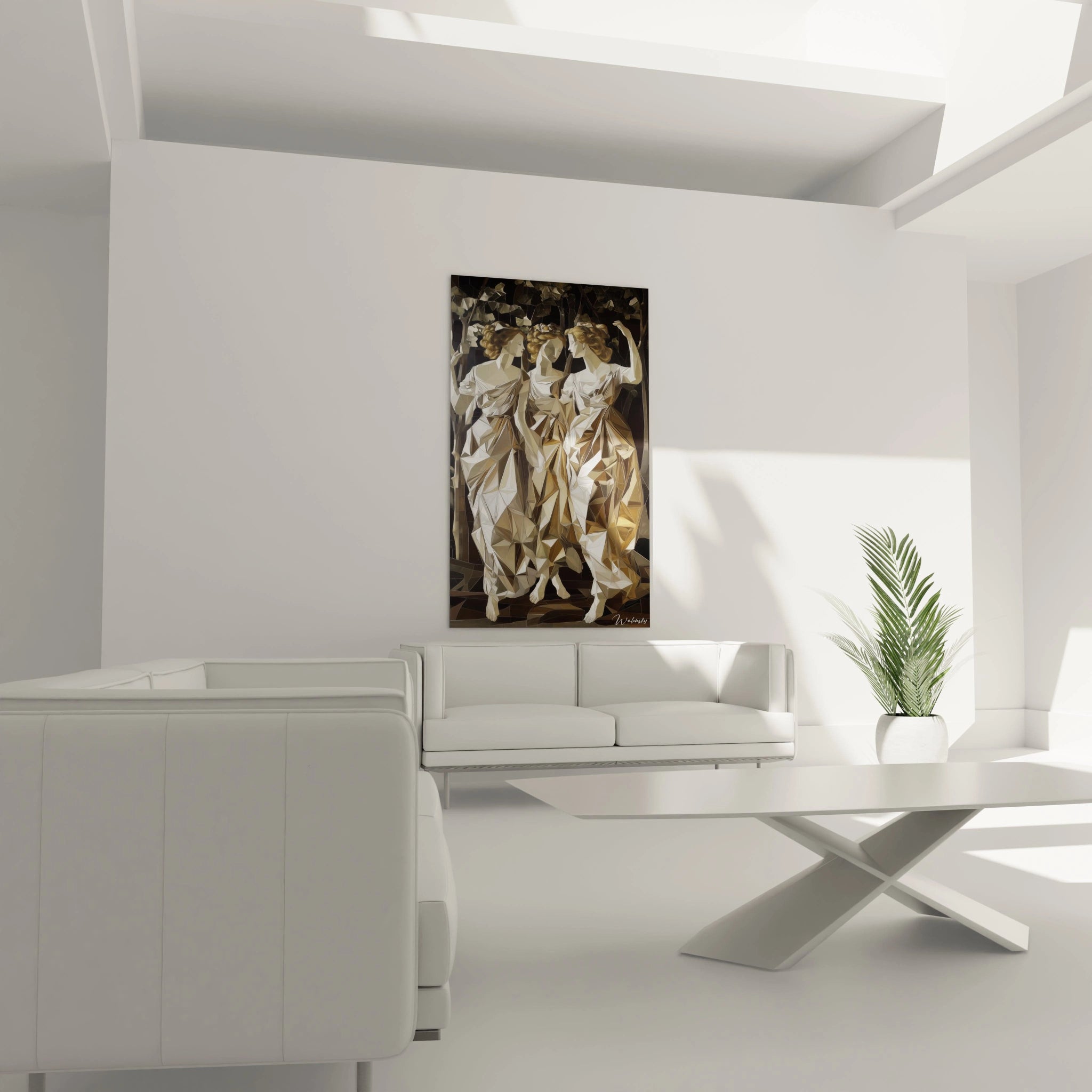 Un tableau Sandro Botticelli mettant en scène trois figures stylisées en mouvement, aux robes plissées en tons bronze et blanc, avec des effets de relief et de fragmentation sur un fond noir et brun.