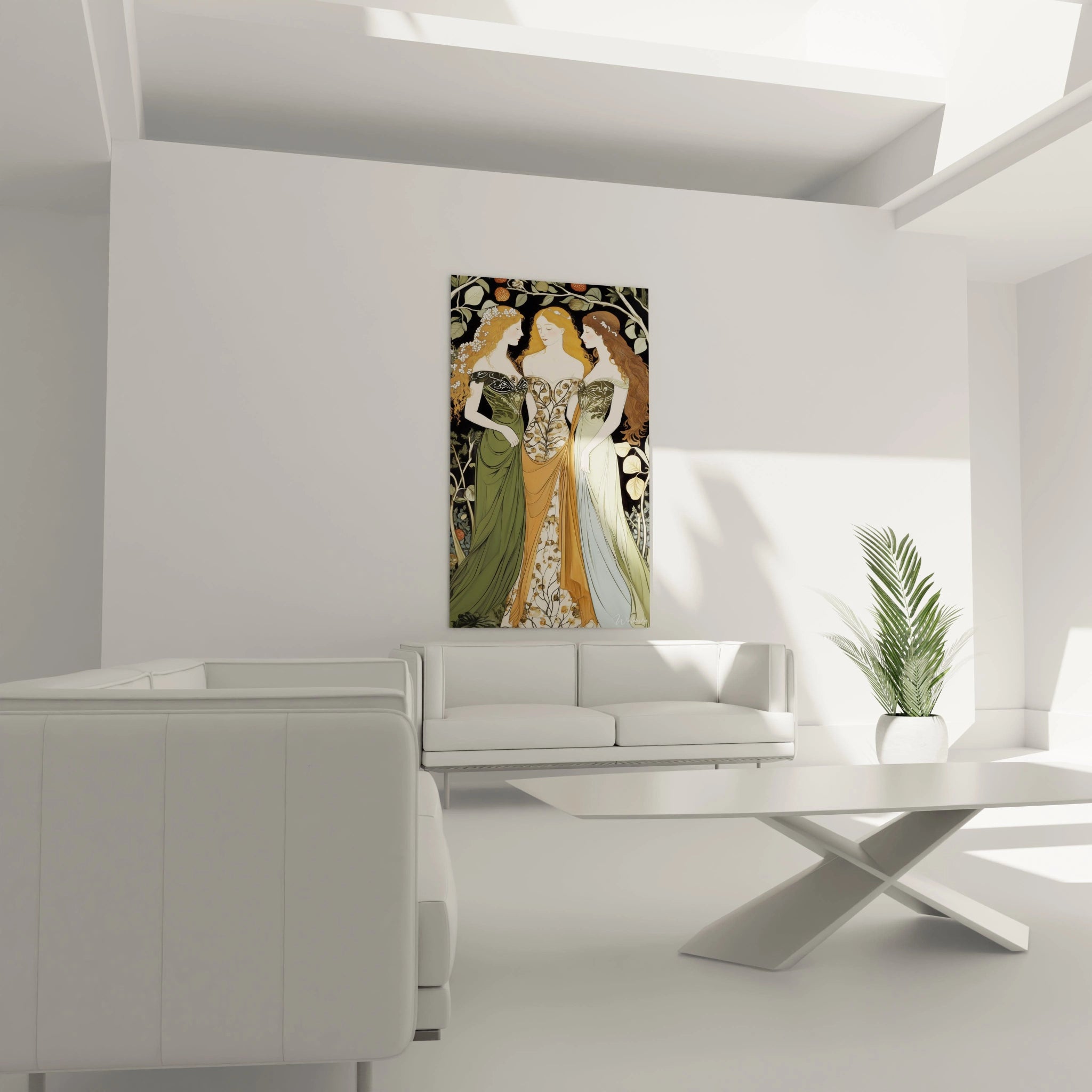 Un tableau Sandro Botticelli mettant en scĂšne trois femmes aux cheveux longs, portant des robes aux drapĂ©s dĂ©taillĂ©s, dans des tons beige, vert et marron, sur un fond sombre agrĂ©mentĂ© dâĂ©lĂ©ments naturels.