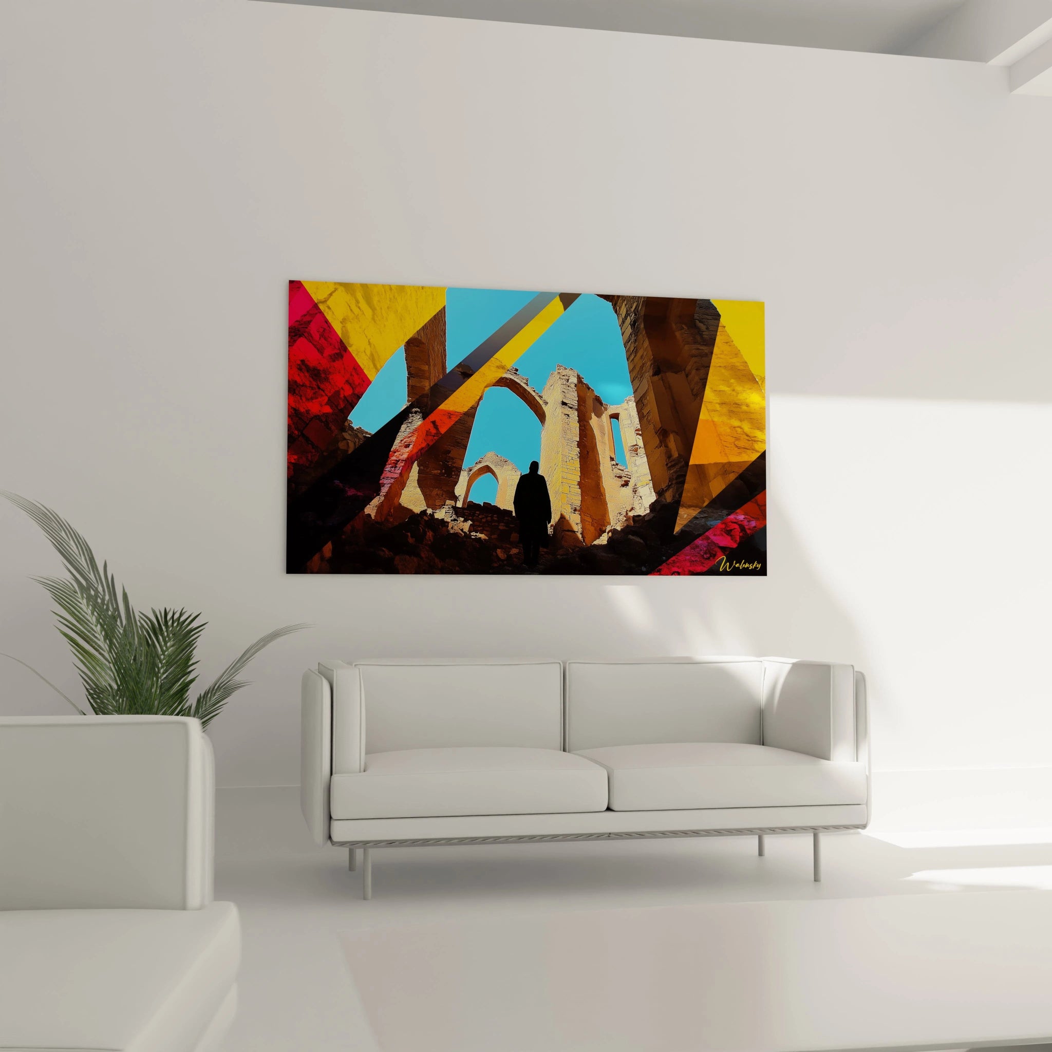 Un tableau Caspar David Friedrich illustrant une structure en pierre en partie effondrée, encadrée par des bandes géométriques inclinées en noir, rouge et jaune, accentuant les contrastes entre les ombres et les surfaces lumineuses.