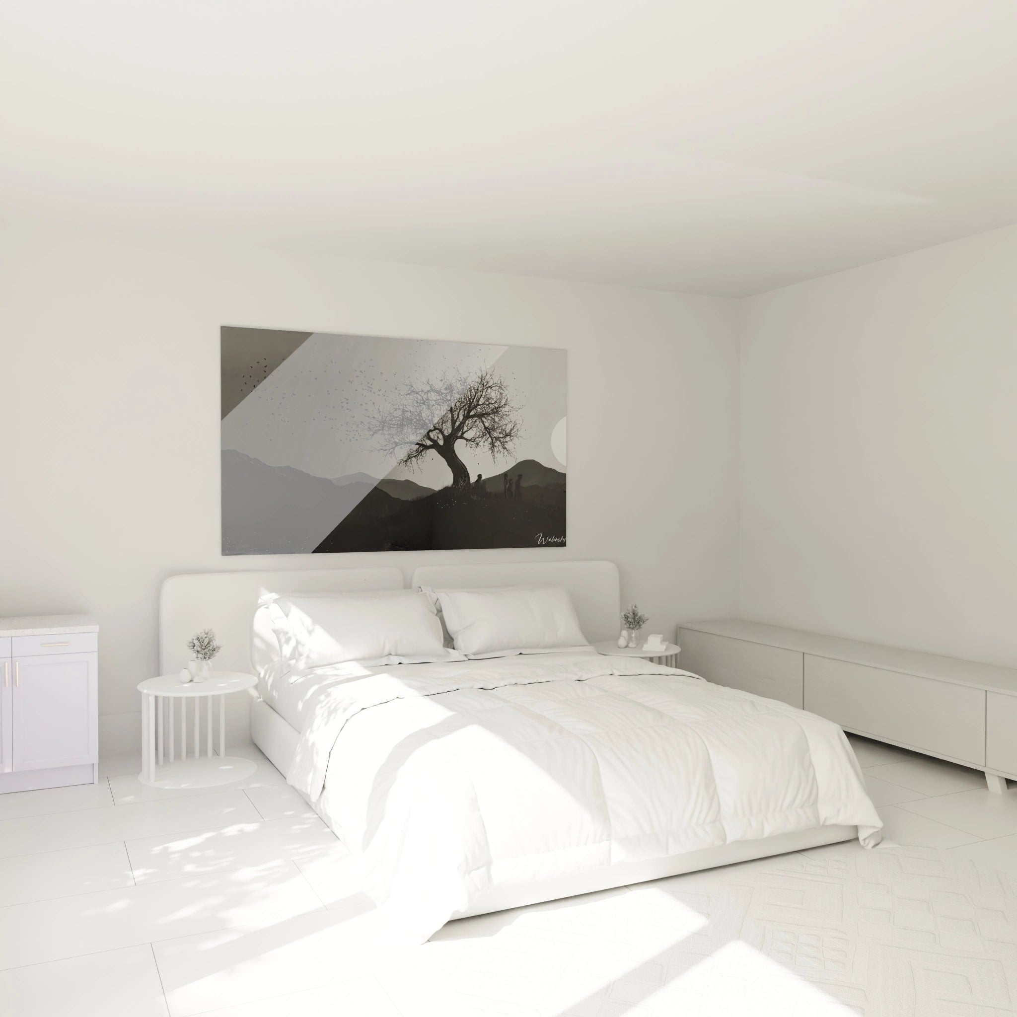 Tableau Goya montrant un paysage montagneux sombre, un arbre tordu sans feuilles, des figures humaines noires et un grand soleil blanc, avec des textures lisses et des contrastes marqués.