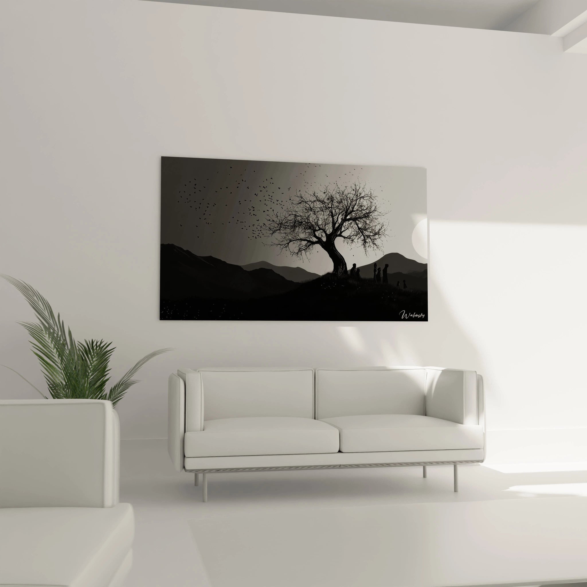 Un tableau Goya illustrant des silhouettes humaines sombres sous un arbre nu, des oiseaux en vol dispersés dans un ciel gris clair et un soleil éclatant, le tout en noir, blanc et nuances de gris.