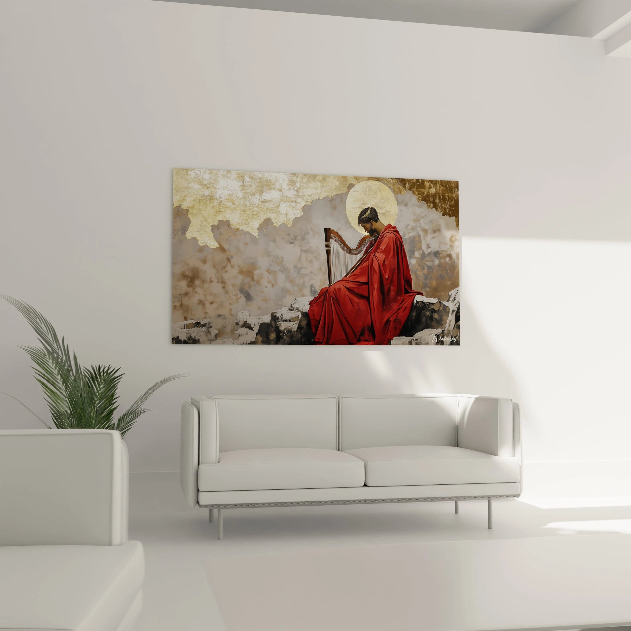 Tableau Jean-Auguste-Dominique Ingres illustrant un personnage drapé de rouge, tenant une harpe, devant un arrière-plan doré texturé, avec des détails rocheux gris au premier plan.