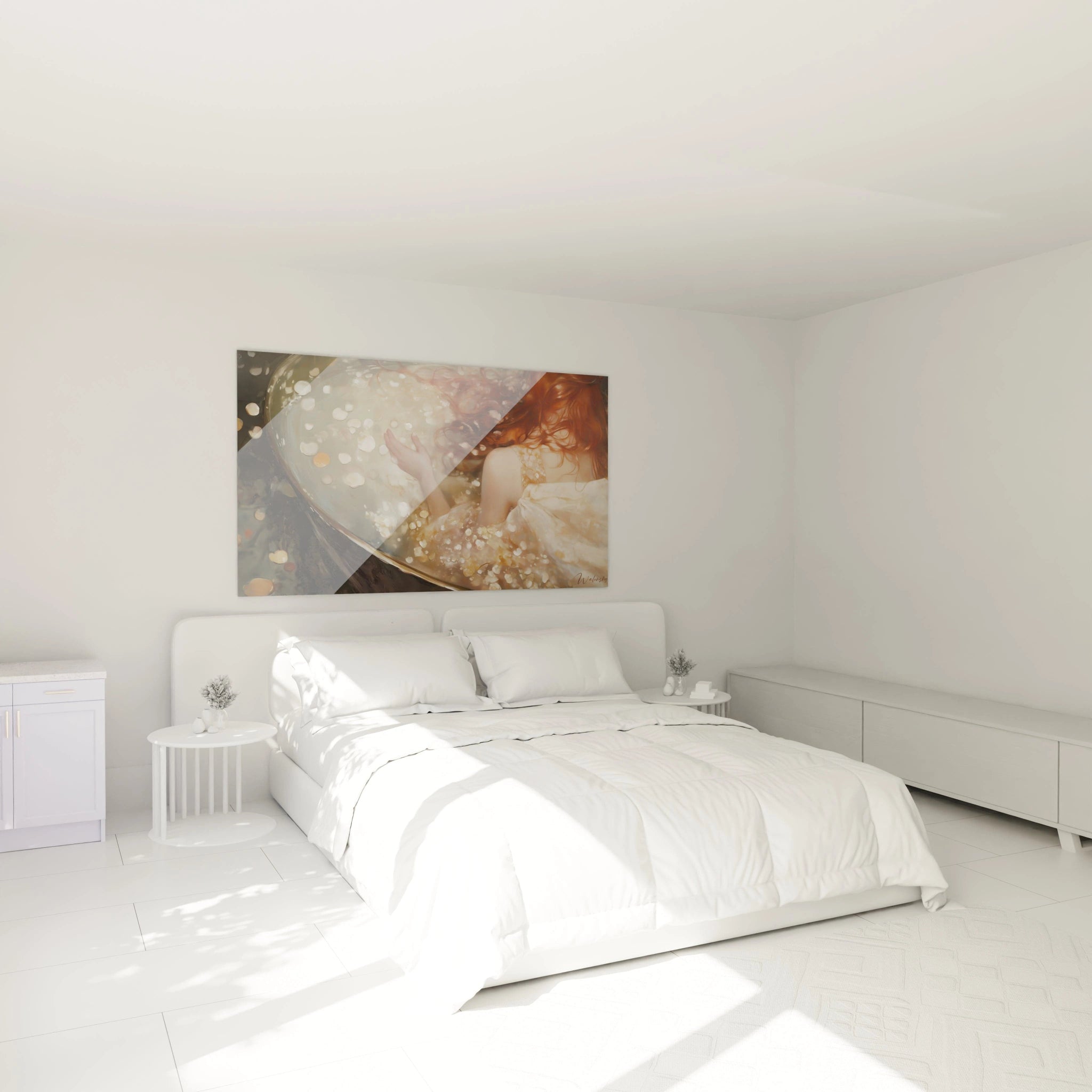 Tableau Edgar Degas montrant un bras féminin tendu dans l'eau, avec des éclats de lumière dorée, des nuances de beige et des détails fluides sur fond aquatique.