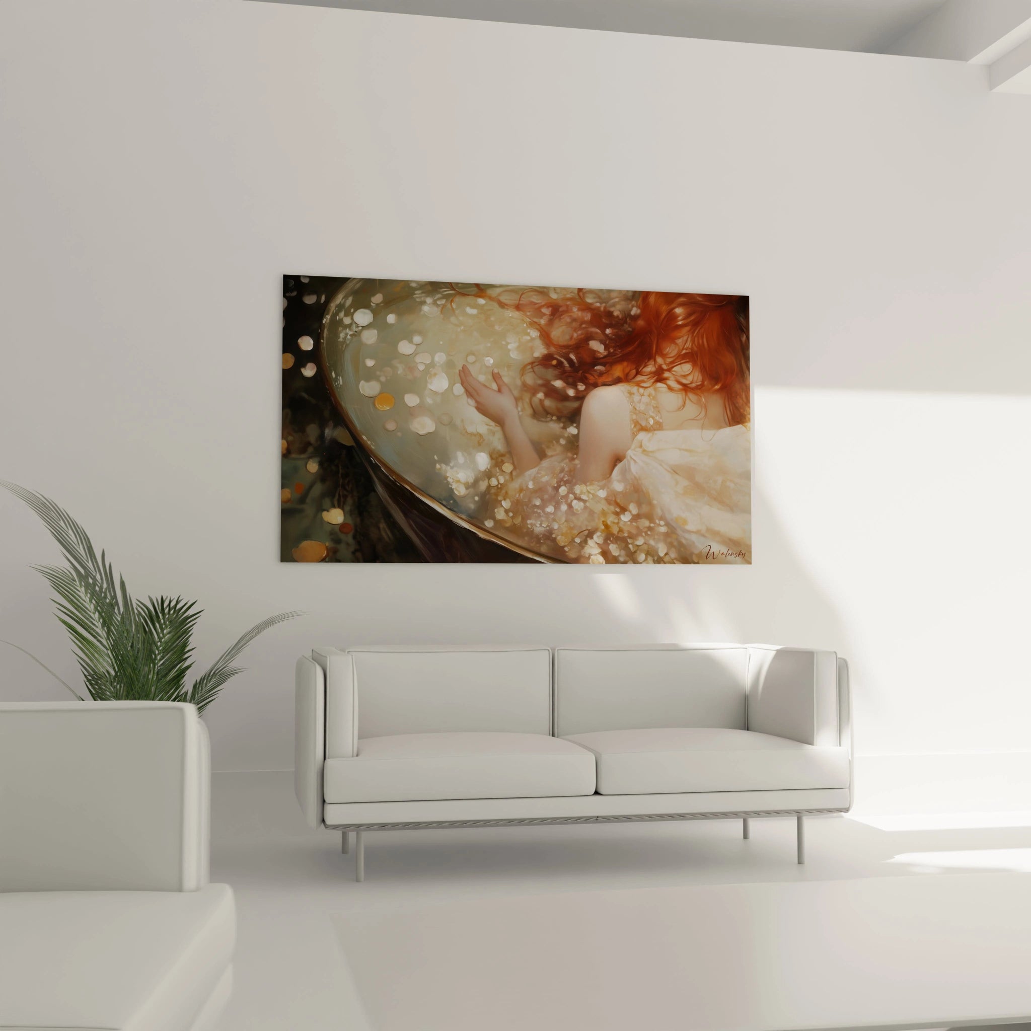 Un tableau Edgar Degas illustrant une silhouette féminine vue de dos, des cheveux roux ondulants dans l'eau, avec des textures douces et des reflets lumineux dorés et blancs.