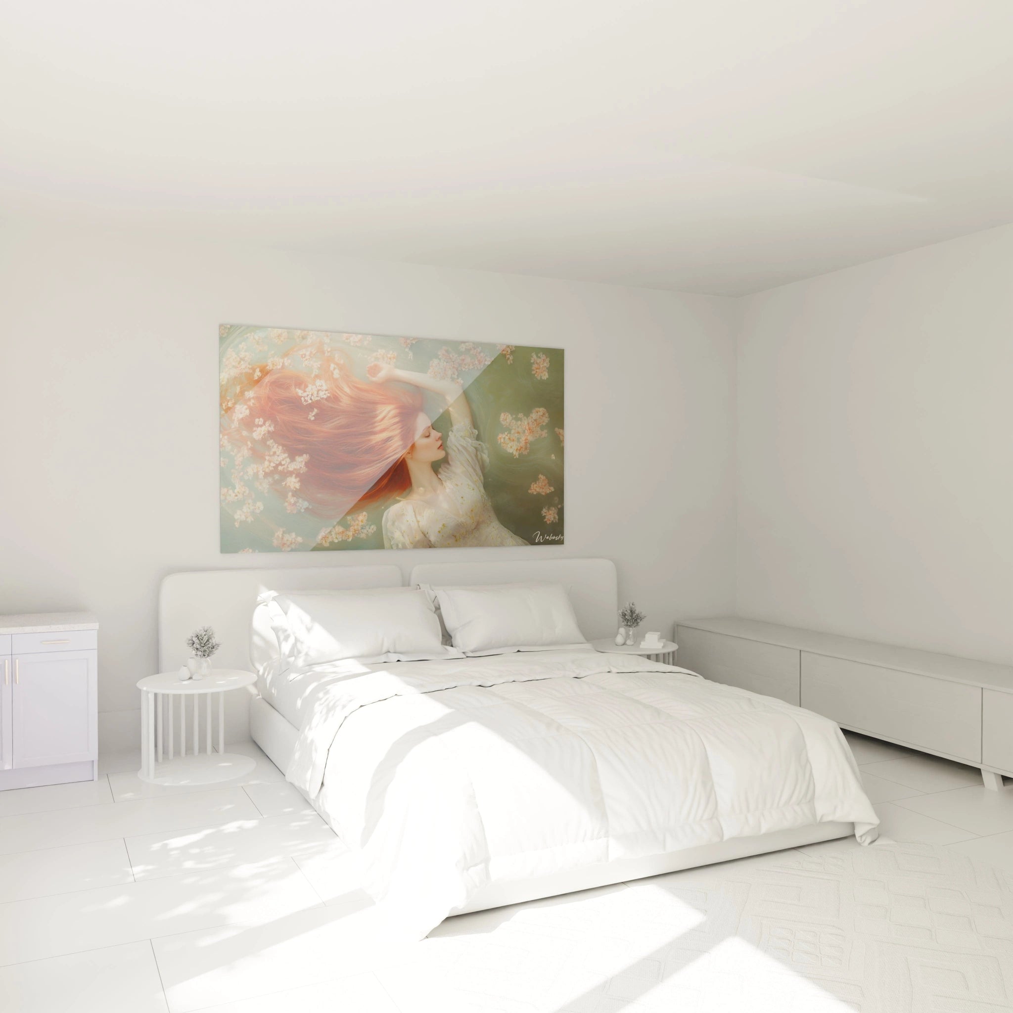 Tableau Edgar Degas montrant une femme aux cheveux rouges étendus dans de l'eau verte, entourée de petites fleurs blanches. Les textures sont lisses, avec des reflets lumineux sur l'eau.