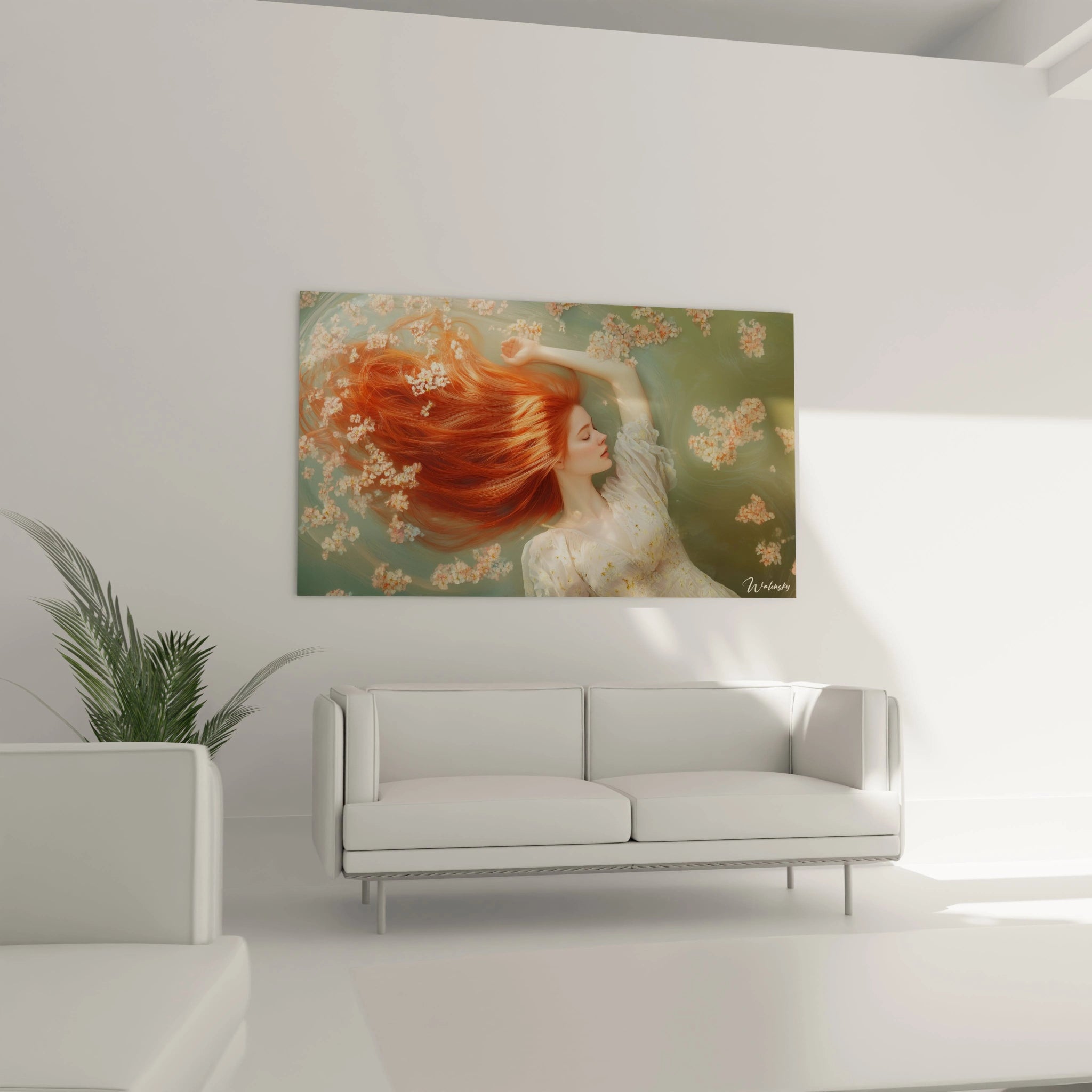 Un tableau Edgar Degas illustrant une femme au teint pâle, vêtue d'une robe blanche, flottant dans l'eau avec des mèches rouges vives et des pétales clairs dispersés. Les couleurs principales sont rouge, blanc et vert.