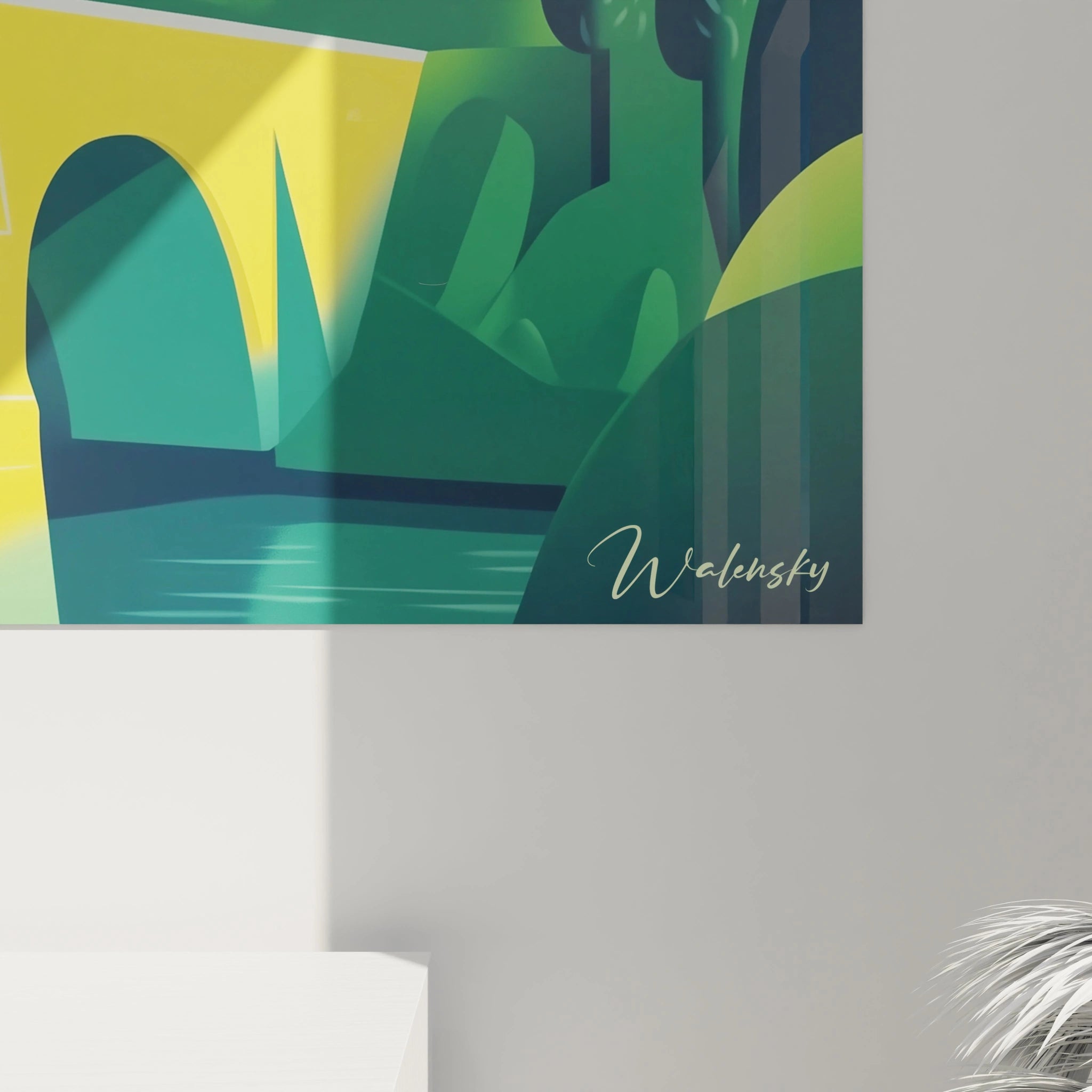 Un tableau Georges Braque présentant une scène architecturale cubiste, dominée par un pont jaune, des bâtiments blancs et un environnement vert, avec des lignes nettes et des couleurs harmonieuses.