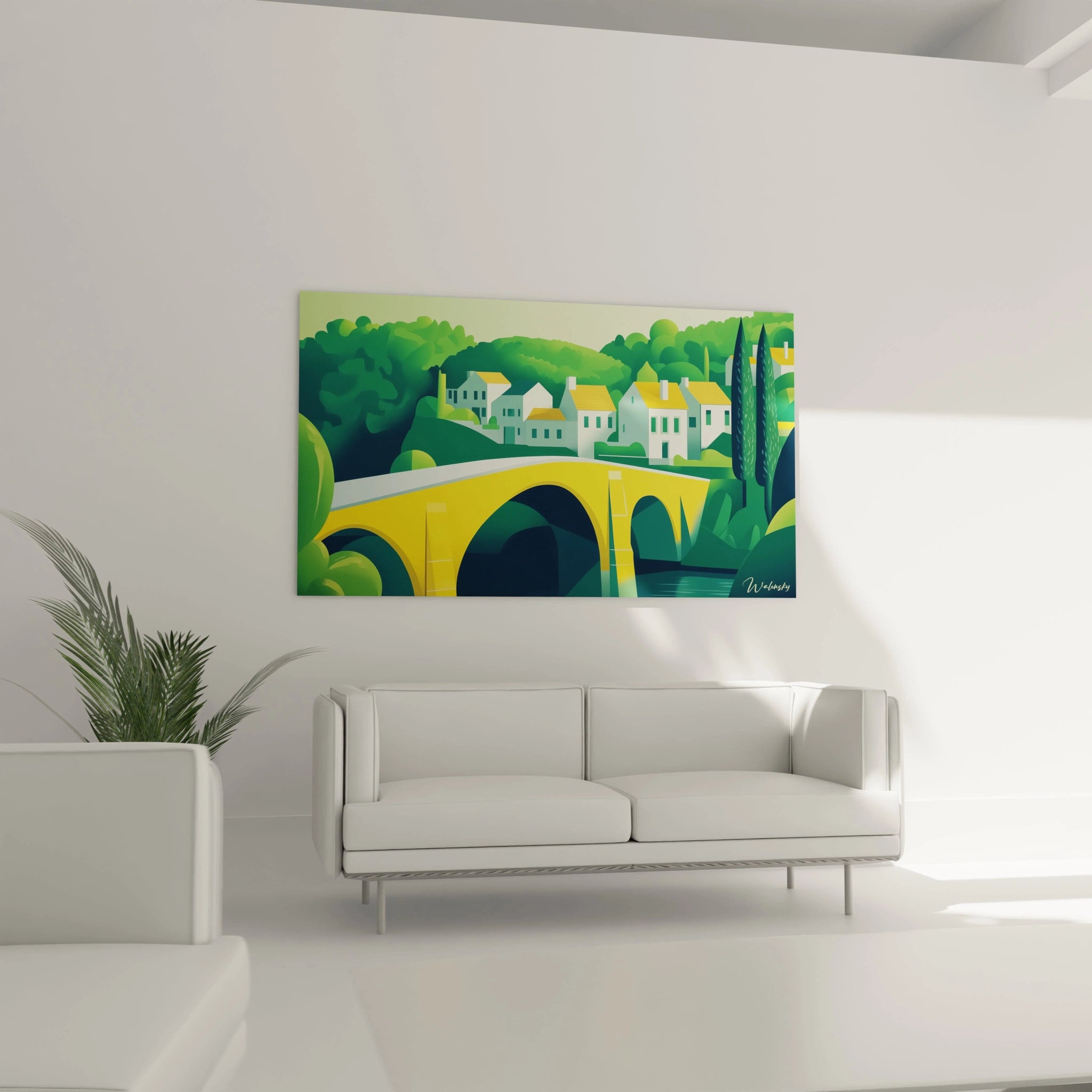 Un tableau Georges Braque où des maisons aux toits jaunes et un pont traversent un paysage vallonné, illustré avec des formes simplifiées, des aplats colorés et un contraste marqué entre lumière et ombre.