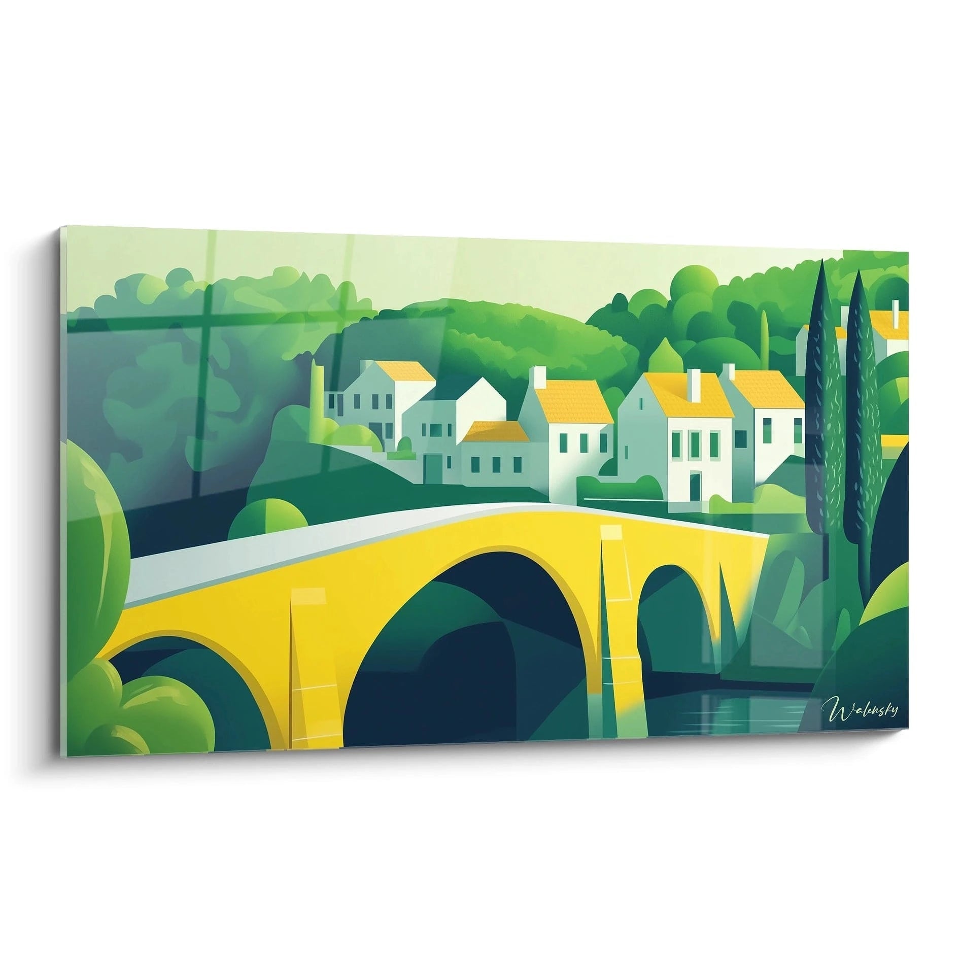 Un tableau Georges Braque représentant un paysage stylisé avec des maisons blanches, un pont jaune vif et des collines vertes, aux formes géométriques simplifiées et aux couleurs lisses et contrastées.