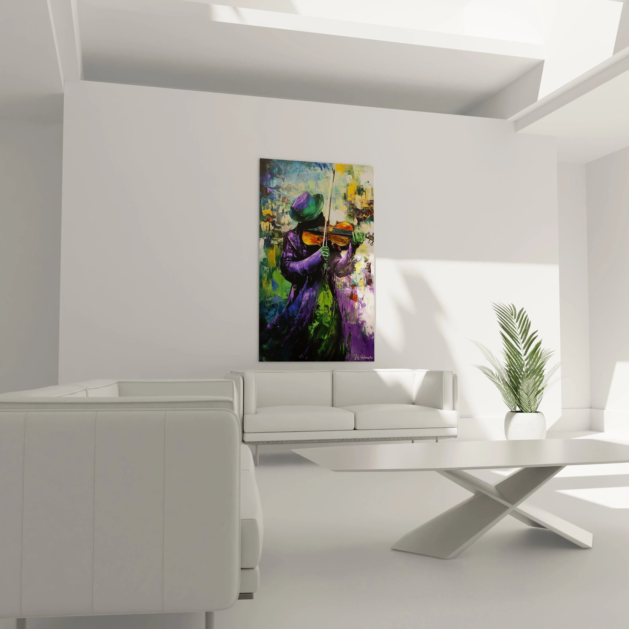 Un tableau Marc Chagall illustrant un violoniste silhouetté, dominé par des nuances de violet, vert et orange. Des textures épaisses et des coups de pinceau dynamiques structurent le fond multicolore.