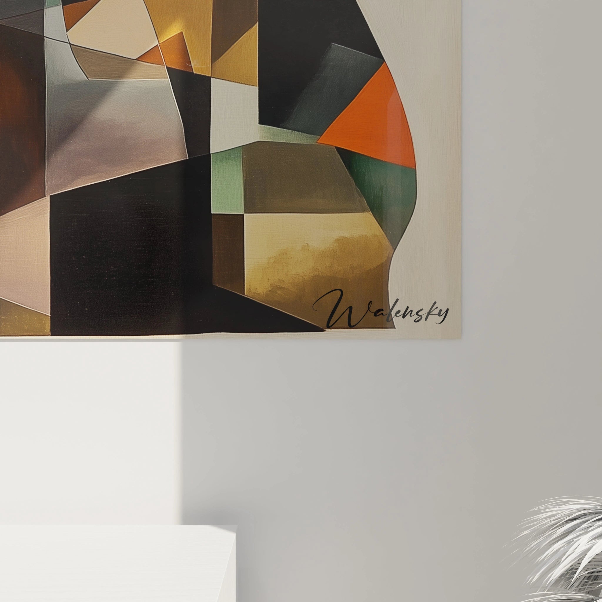 Tableau Marc Chagall affichant une composition géométrique d’un musicien et son violoncelle, mêlant des nuances de violet, d’orange et de noir, avec des lignes droites et des surfaces plates.