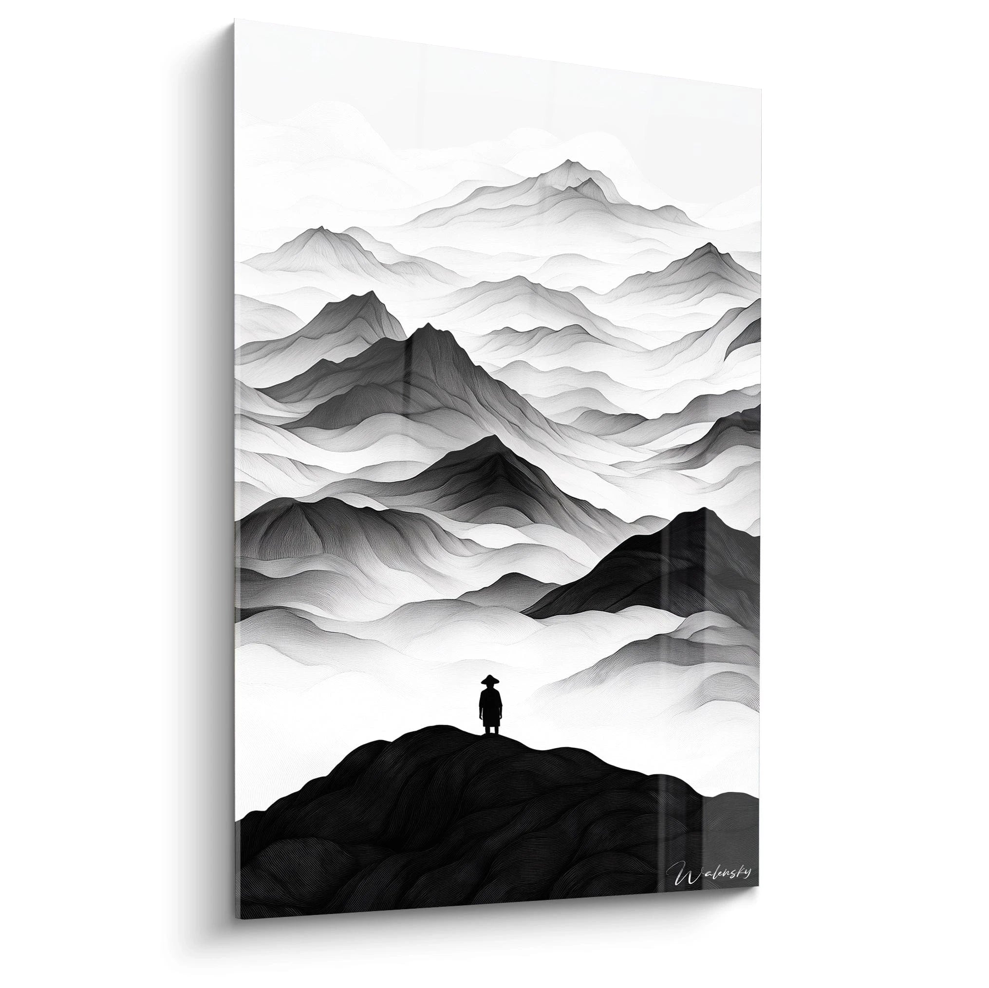 Un tableau Caspar David Friedrich représentant une silhouette sombre debout sur une crête montagneuse noire, face à une succession de montagnes grises et blanches aux textures fluides et dégradées.