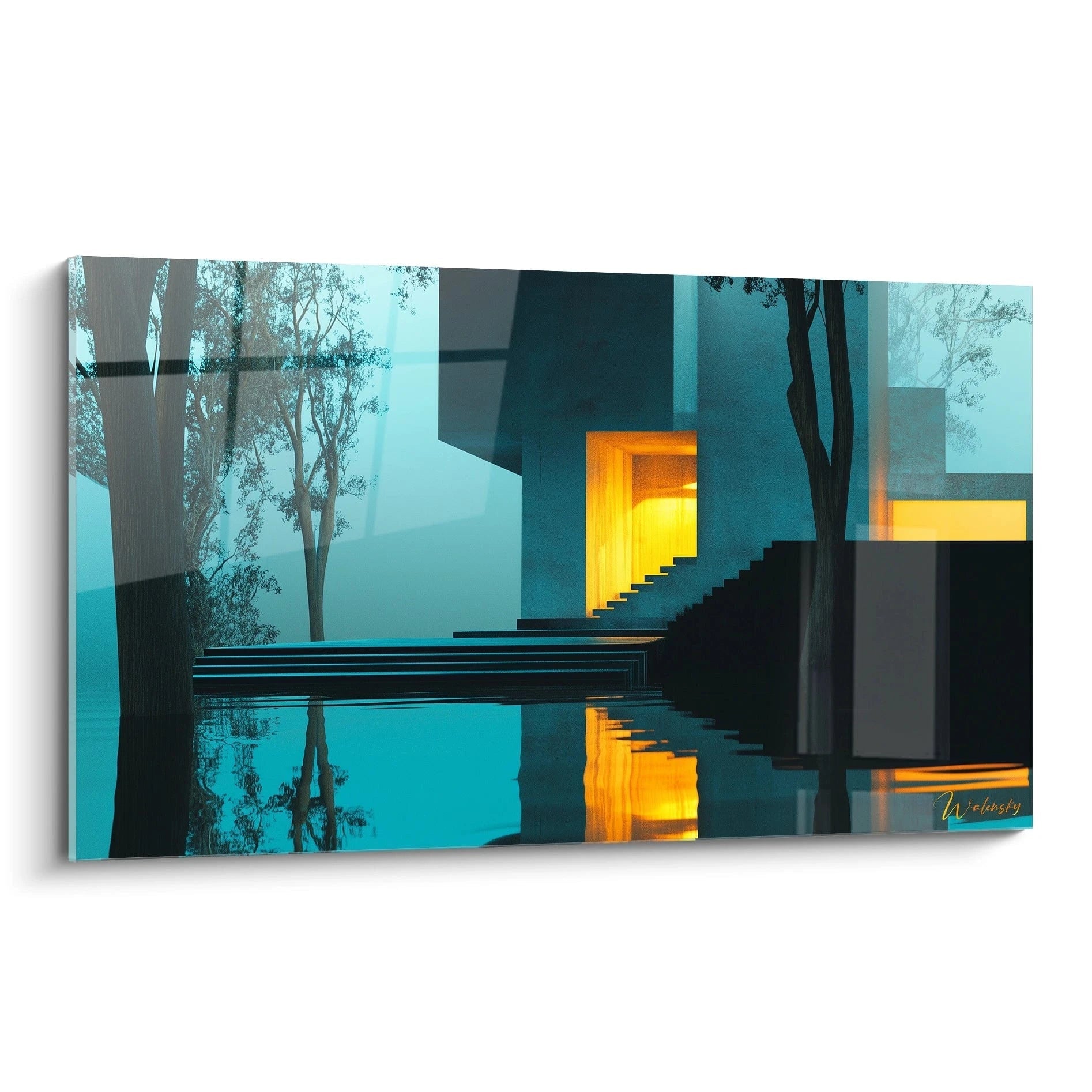 Un tableau René Magritte montrant une structure géométrique minimaliste avec des teintes bleu profond, jaune vif, et noir, entourée d'arbres et reflétée dans l'eau calme.