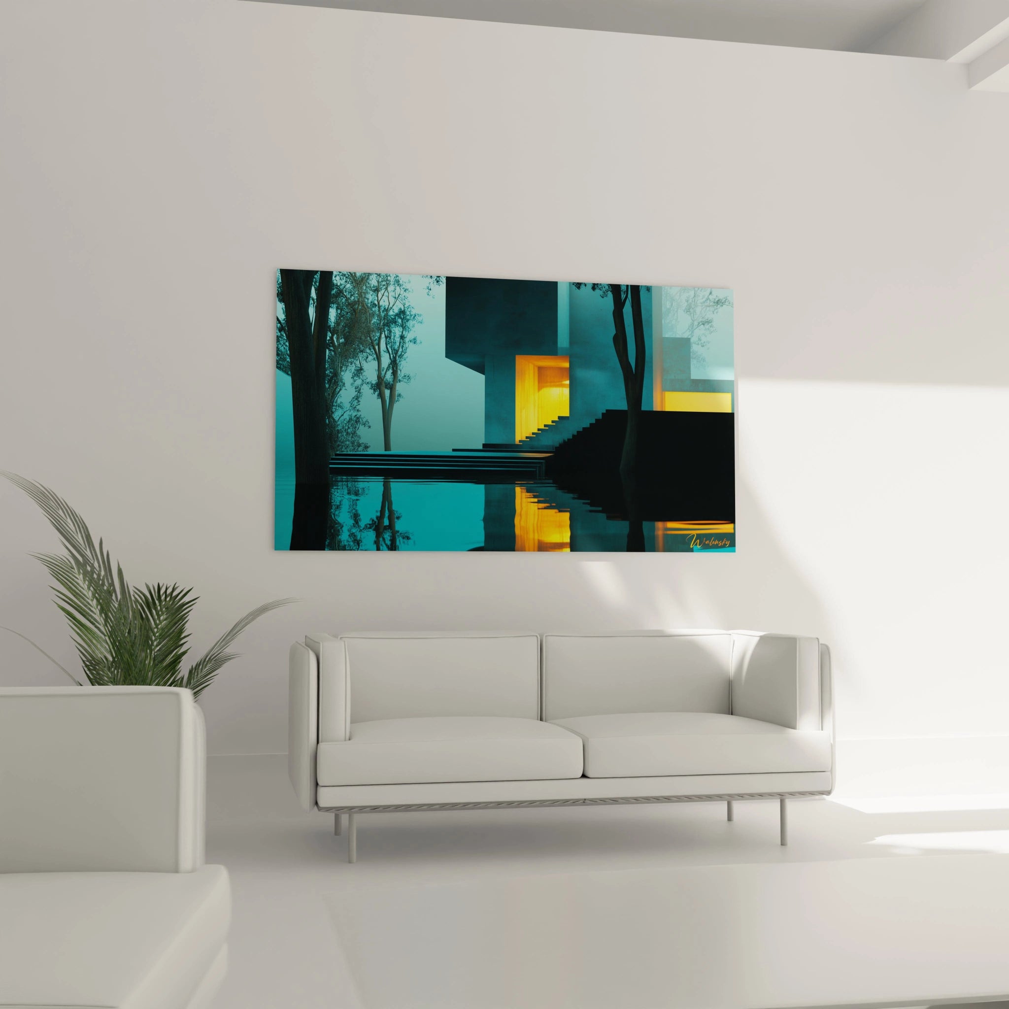 Un tableau René Magritte exposé dans un salon moderne, mettant en avant des formes architecturales minimalistes, des couleurs bleu et jaune, et des reflets dans l'eau.