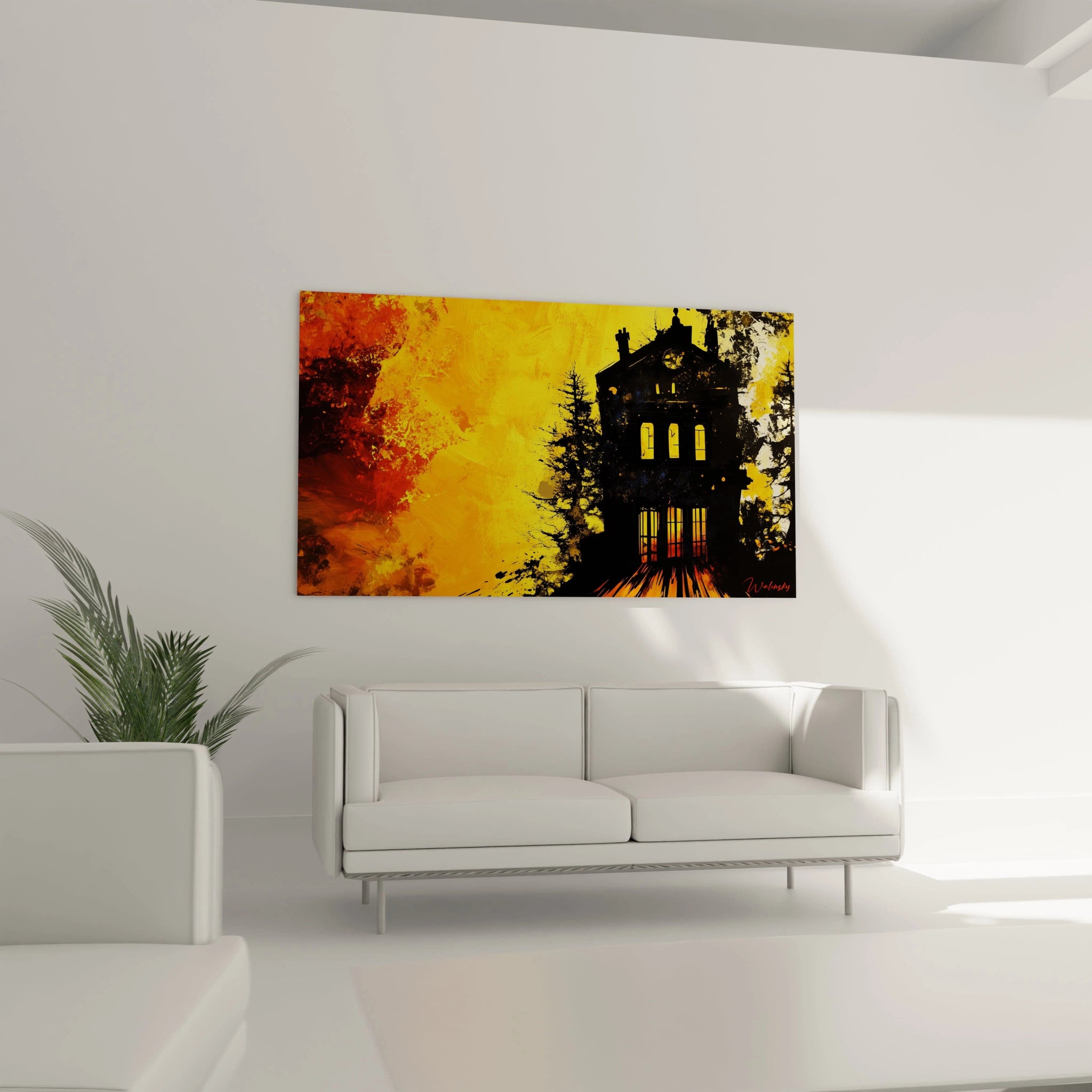 Un tableau René Magritte installé dans un salon, présentant une structure sombre avec des reflets jaunes et des contrastes marqués entre lumière et ombre.