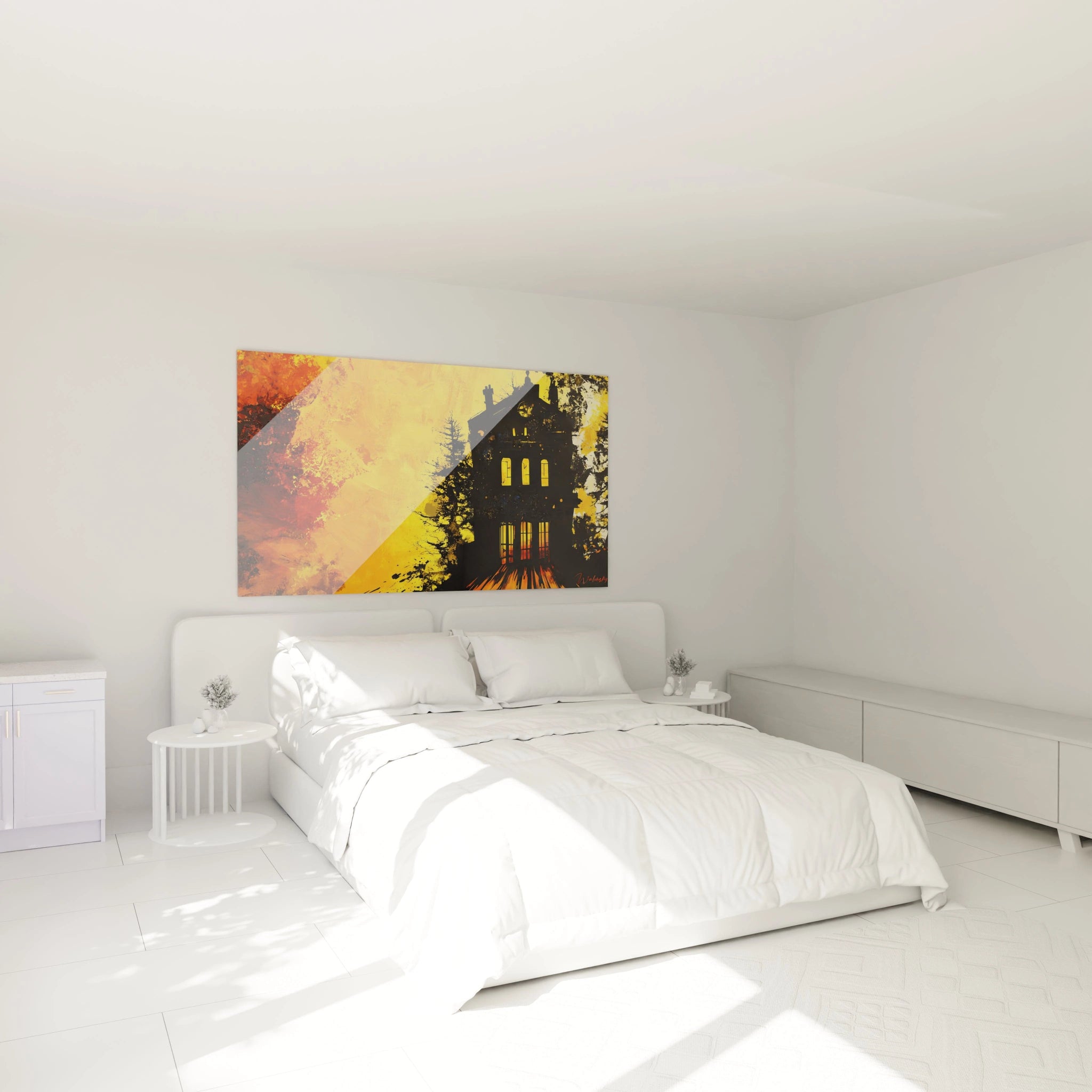 Vue rapprochée d’un tableau René Magritte montrant des textures fluides en noir et jaune, avec des éclats de peinture orange et des formes architecturales fragmentées.