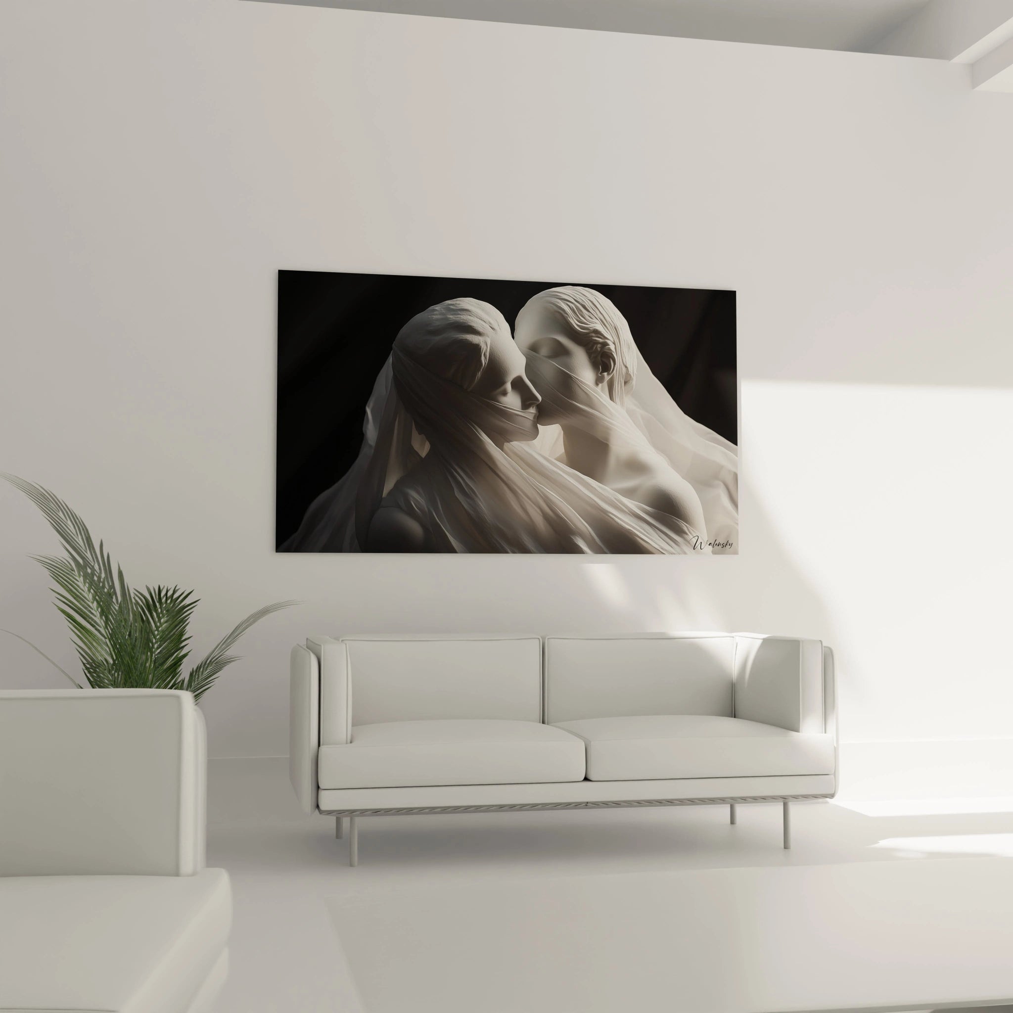 Un tableau René Magritte montrant deux silhouettes en plùtre voilées, capturées dans un mouvement figé. La lumiÚre douce met en relief les textures du tissu flottant et la solidité des formes.