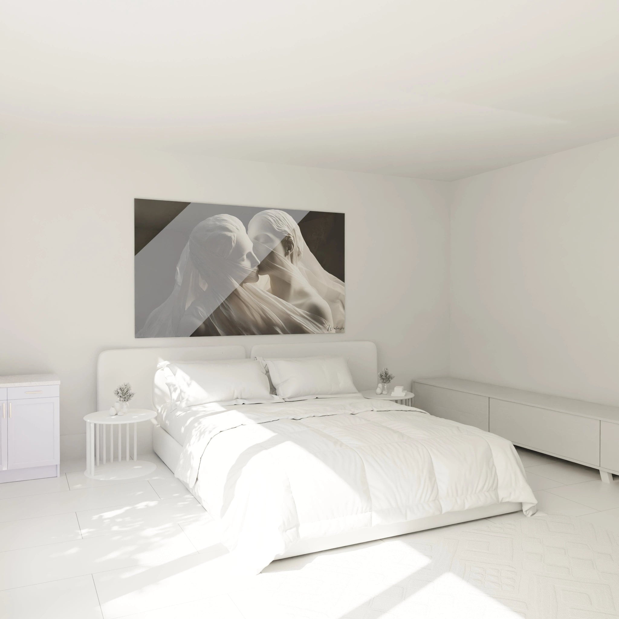 Un tableau RenĂ© Magritte mettant en scĂšne deux figures sculpturales en blanc, drapĂ©es de voiles lĂ©gers. Les plis du tissu et le jeu dâombres accentuent la profondeur et le contraste du fond noir.