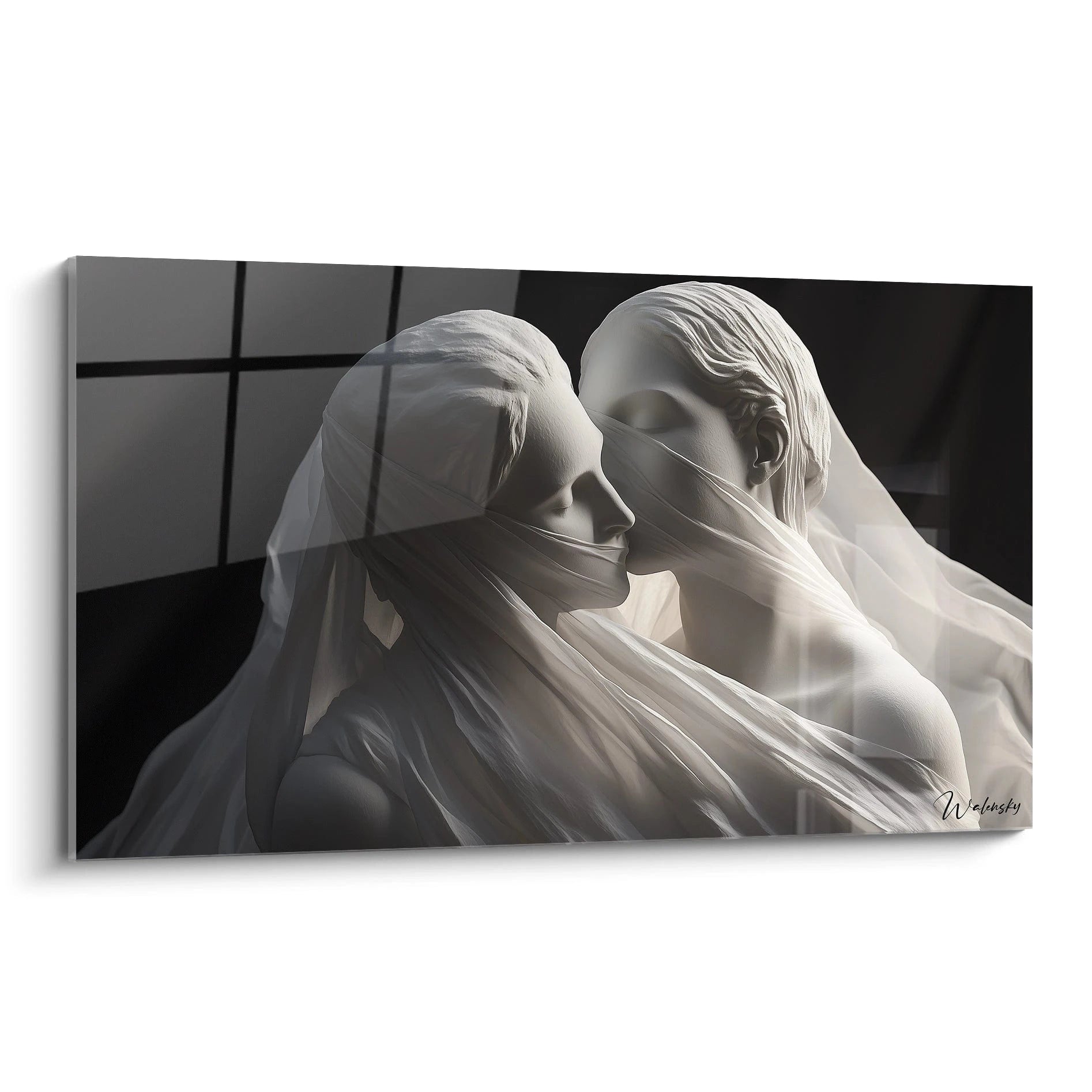 Un tableau René Magritte représentant deux bustes blancs aux traits réalistes, enveloppés de voiles translucides sur un fond sombre. Les textures du tissu contrastent avec la surface lisse des sculptures.