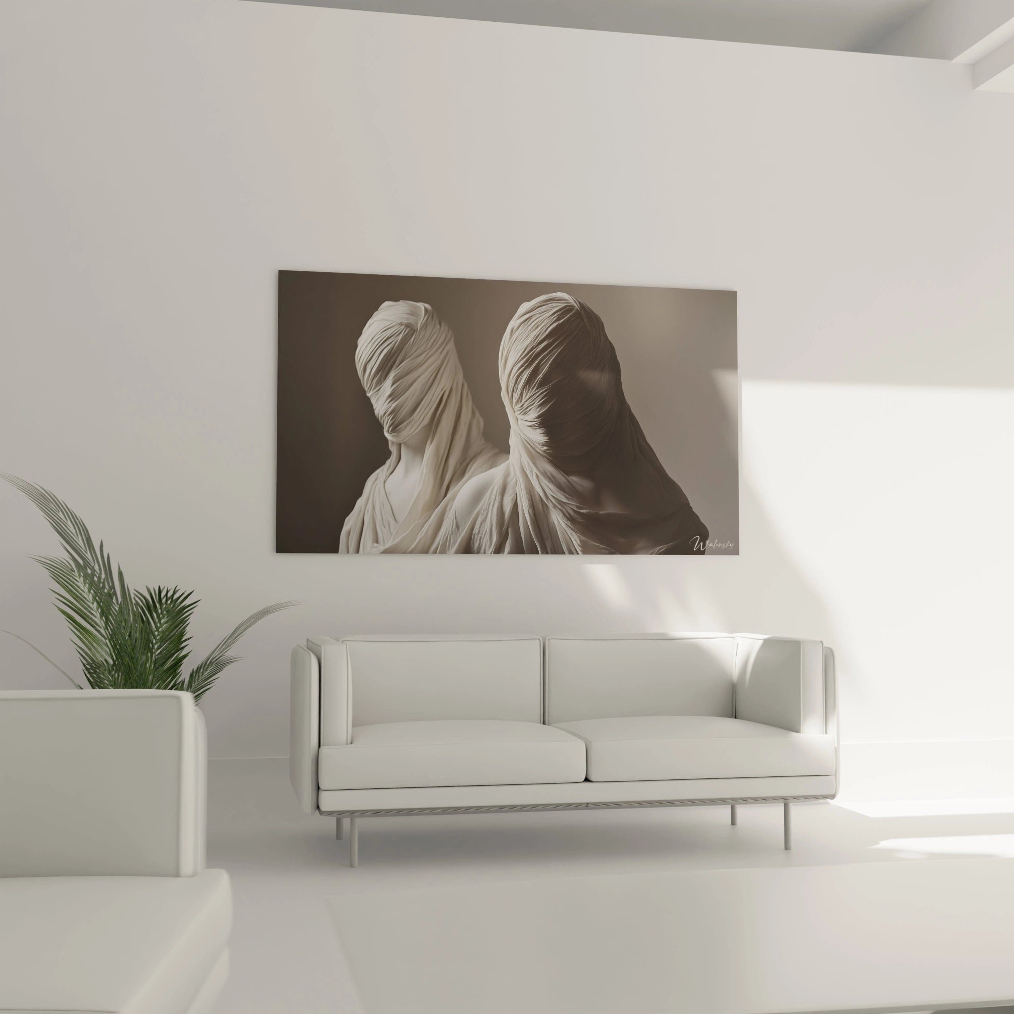 Un tableau RenĂ© Magritte oĂč deux silhouettes voilĂ©es apparaissent sur un fond neutre, avec des effets de texture créés par les plis du tissu.