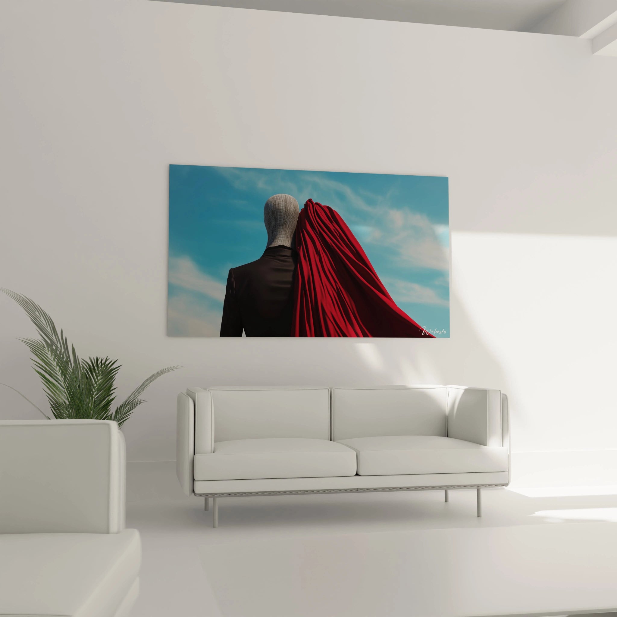 Un tableau RenĂ© Magritte illustrant une figure sans traits distincts, drapĂ©e partiellement dâun tissu rouge vif aux plis marquĂ©s, contrastant avec une tenue sombre et un ciel aux nuances bleues et blanches.