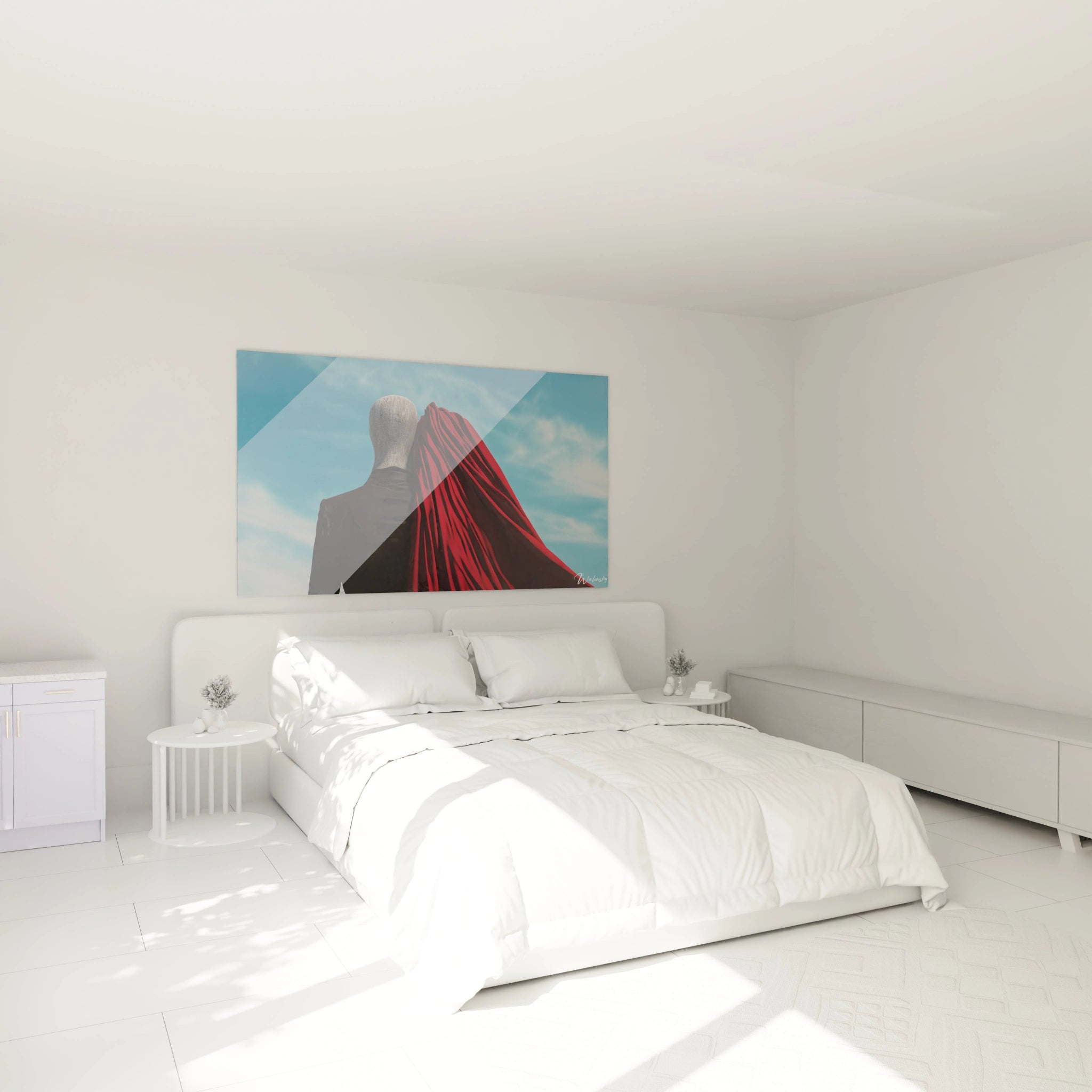 Tableau René Magritte représentant un personnage vu de dos, portant un costume noir lisse, un voile rouge plissé et un ciel bleu clair en arriÚre-plan avec des effets de lumiÚre naturels.