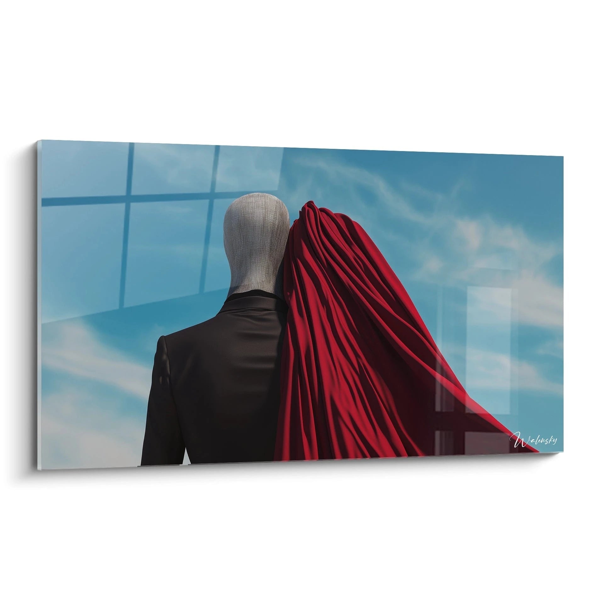 Un tableau RenĂ© Magritte montrant une silhouette vĂȘtue de noir, avec une tĂȘte recouverte dâune texture quadrillĂ©e, un drapĂ© rouge fluide sur lâĂ©paule et un fond bleu uni avec quelques nuages lĂ©gers.