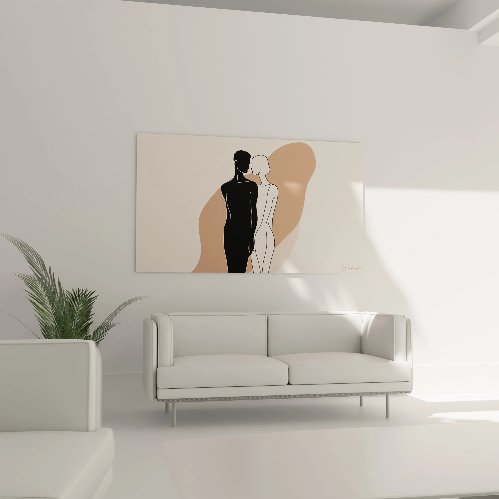 Un tableau Marc Chagall illustrant des formes humaines abstraites, une noire pleine et une blanche avec des contours noirs, posées sur un fond beige et marron aux lignes douces et fluides.