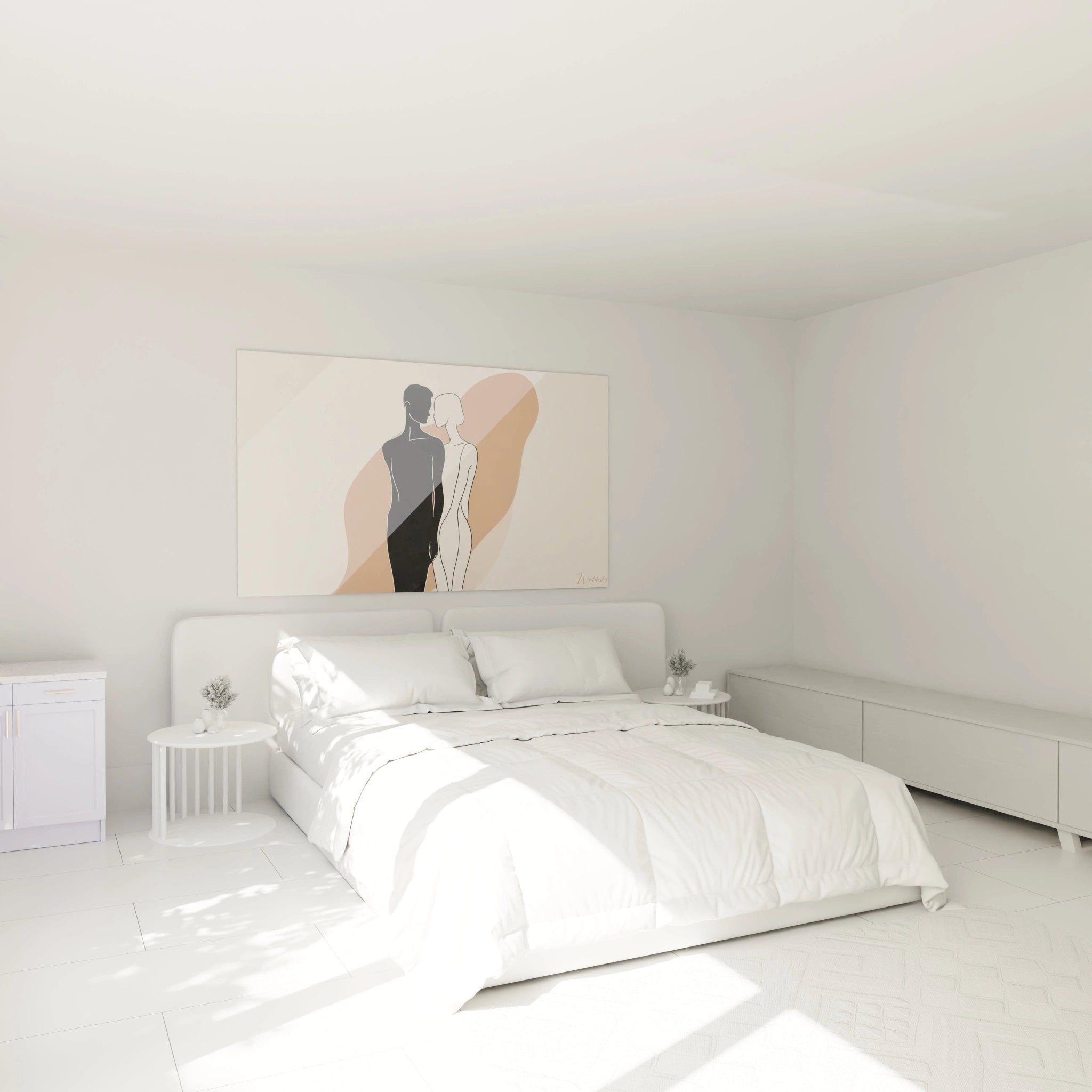 Tableau Marc Chagall montrant deux figures stylisées, contrastées en noir et blanc, avec des lignes fines sur un arrière-plan beige et marron clair, sans textures visibles ni reliefs.