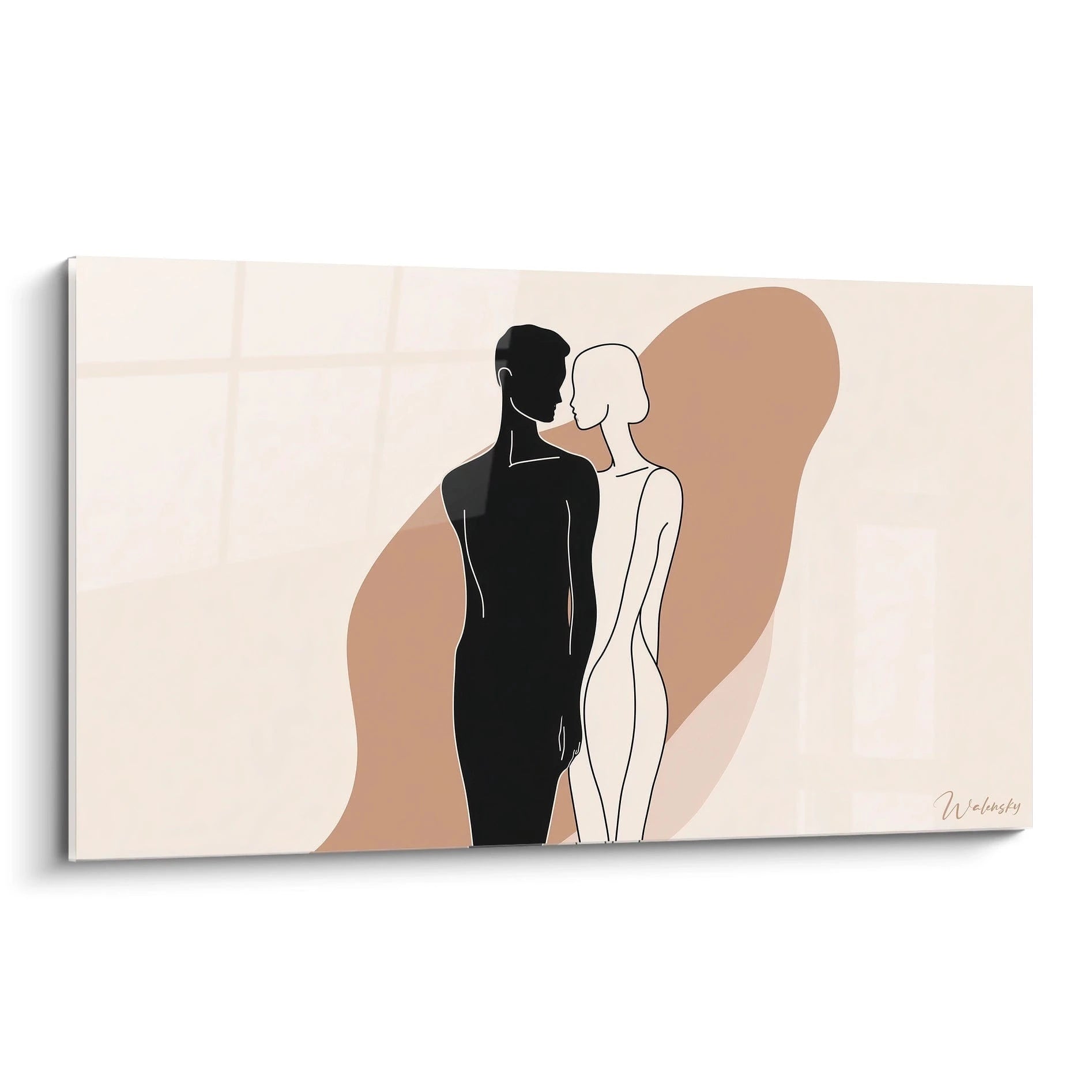 Un tableau Marc Chagall représentant deux silhouettes humaines minimalistes, l’une noire et l’autre blanche, sur un fond beige avec une forme marron, aux contours nets et épurés.