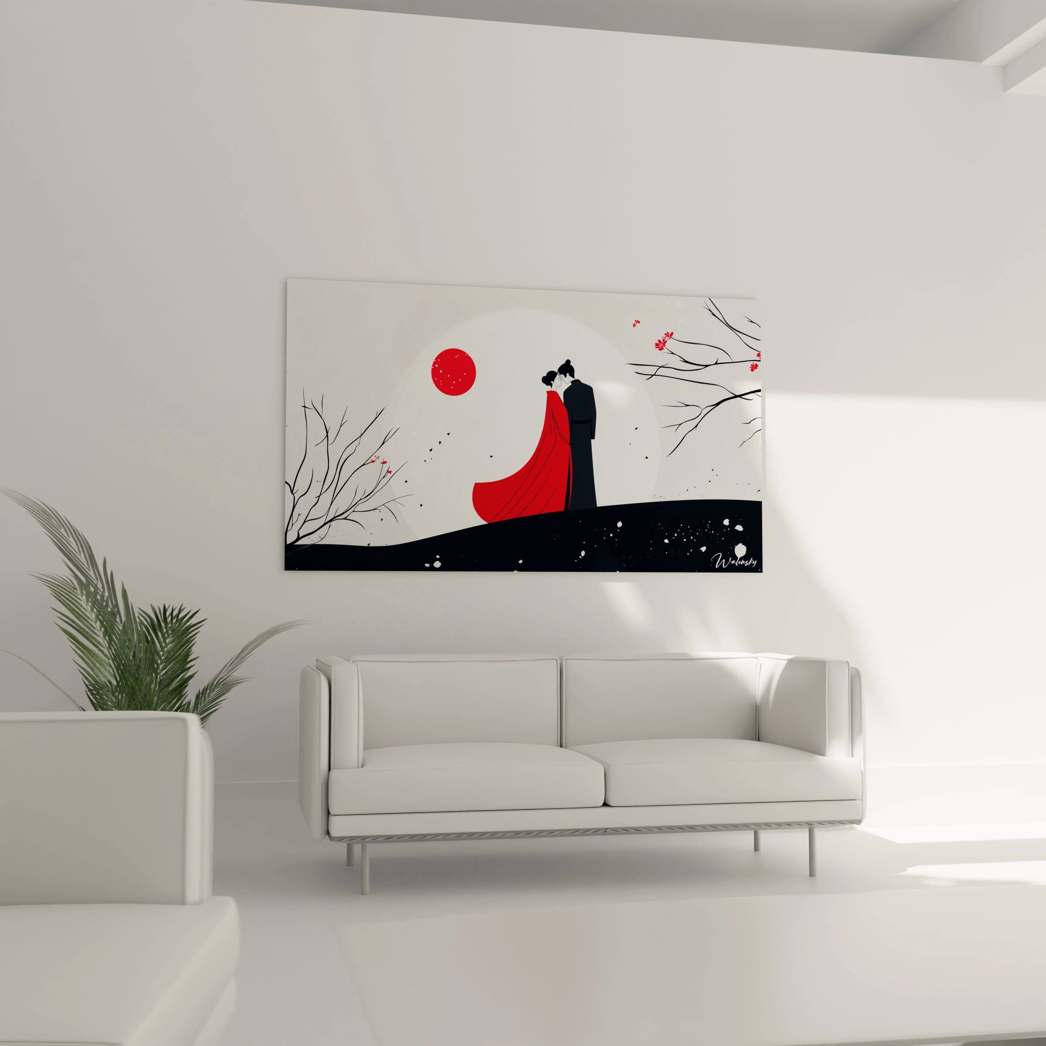 Un tableau Marc Chagall montrant deux personnages stylisés, habillés de noir et rouge, placés sur un sol sombre avec un fond blanc et des détails de branches noires et fleurs rouges.