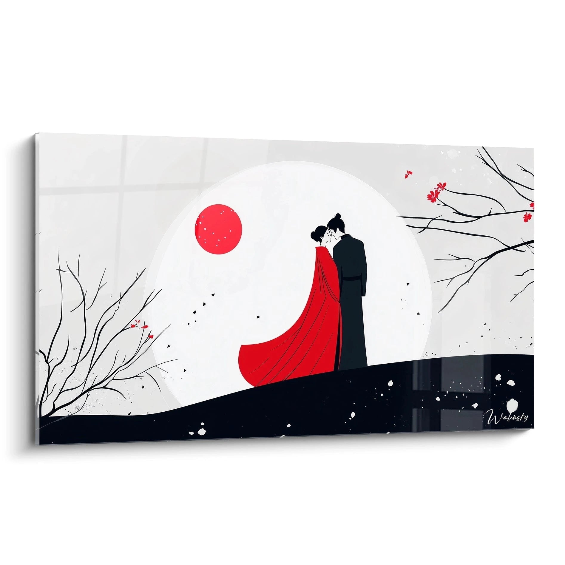 Un tableau Marc Chagall représentant deux silhouettes noires, l'une vêtue d'une robe rouge, sur un fond blanc avec un cercle rouge et des branches noires ornées de petites fleurs rouges.