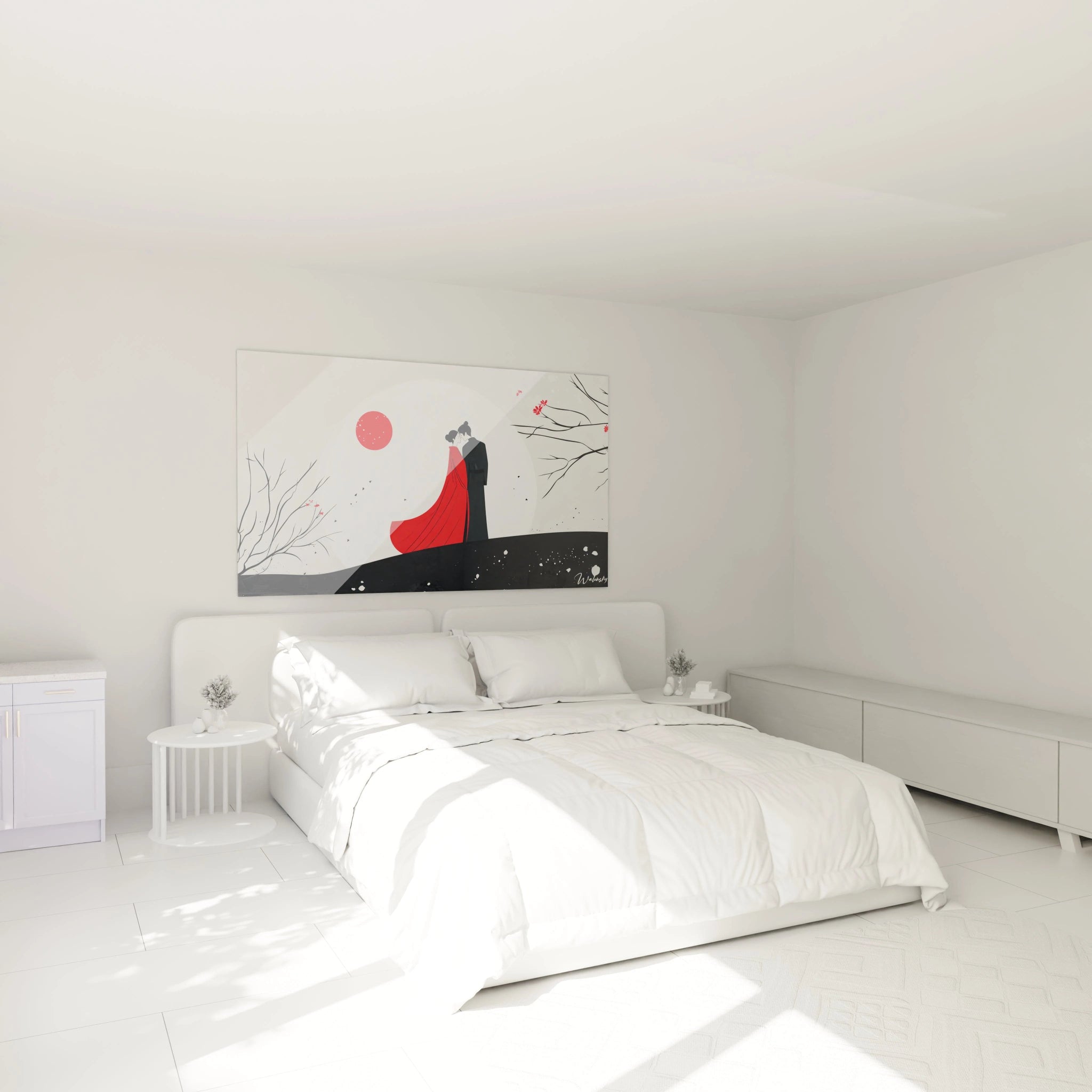 Tableau Marc Chagall illustrant un couple en tenue noire et rouge, devant un grand cercle blanc évoquant la lune, avec des branches noires et des éclats rouges en arrière-plan.