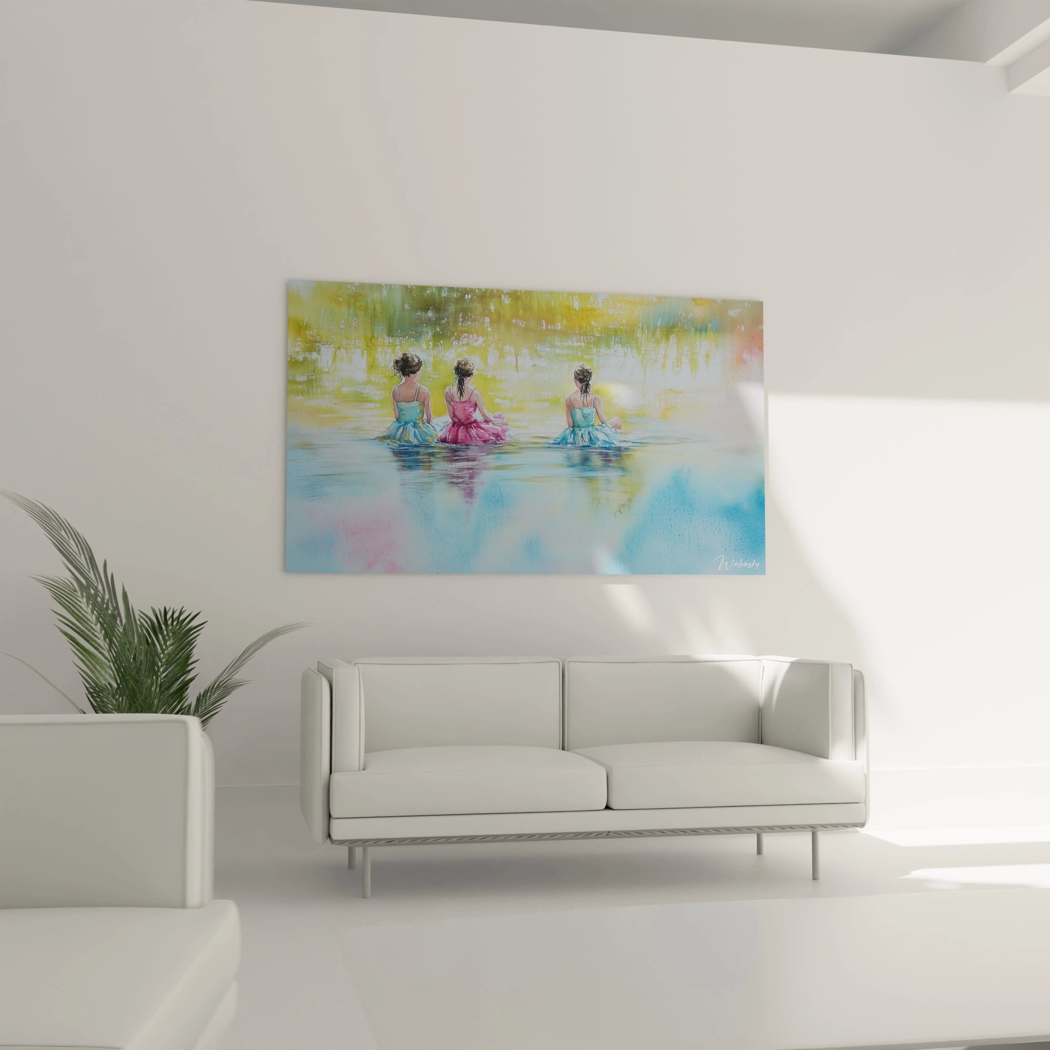 Un tableau Pierre-Auguste Renoir montrant trois silhouettes en robes colorĂ©es flottant sur lâeau, avec des reflets dorĂ©s et bleutĂ©s, et une texture aquarellĂ©e oĂč les couleurs se fondent progressivement.