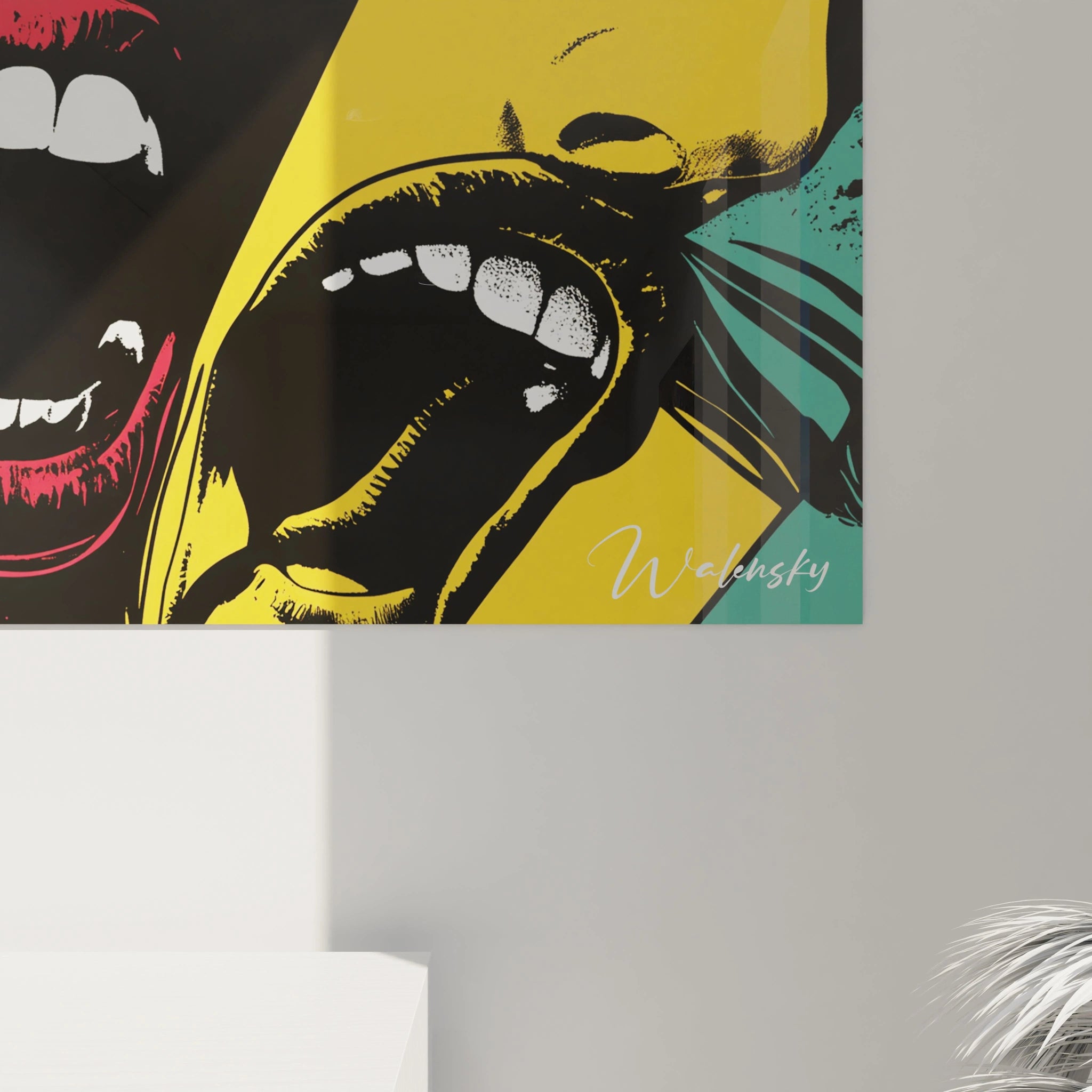 Un tableau Goya mettant en scène des visages stylisés, des zones de couleurs saturées comme le rouge, le bleu, le jaune et des lignes noires nettes créant un effet de contraste visuel marqué.