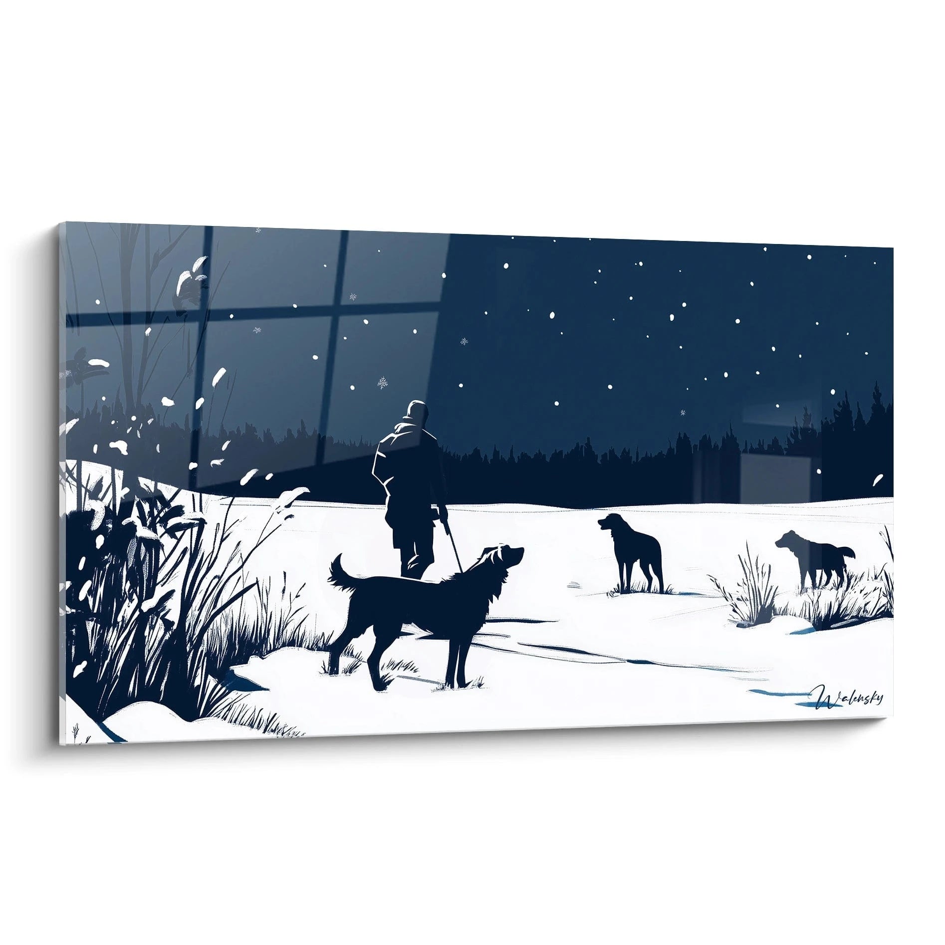 Un tableau Pieter Bruegel l'Ancien représentant une scène hivernale avec un homme et trois chiens dans un paysage enneigé, en nuances de bleu, blanc et noir, avec des ombres marquées et un ciel étoilé.