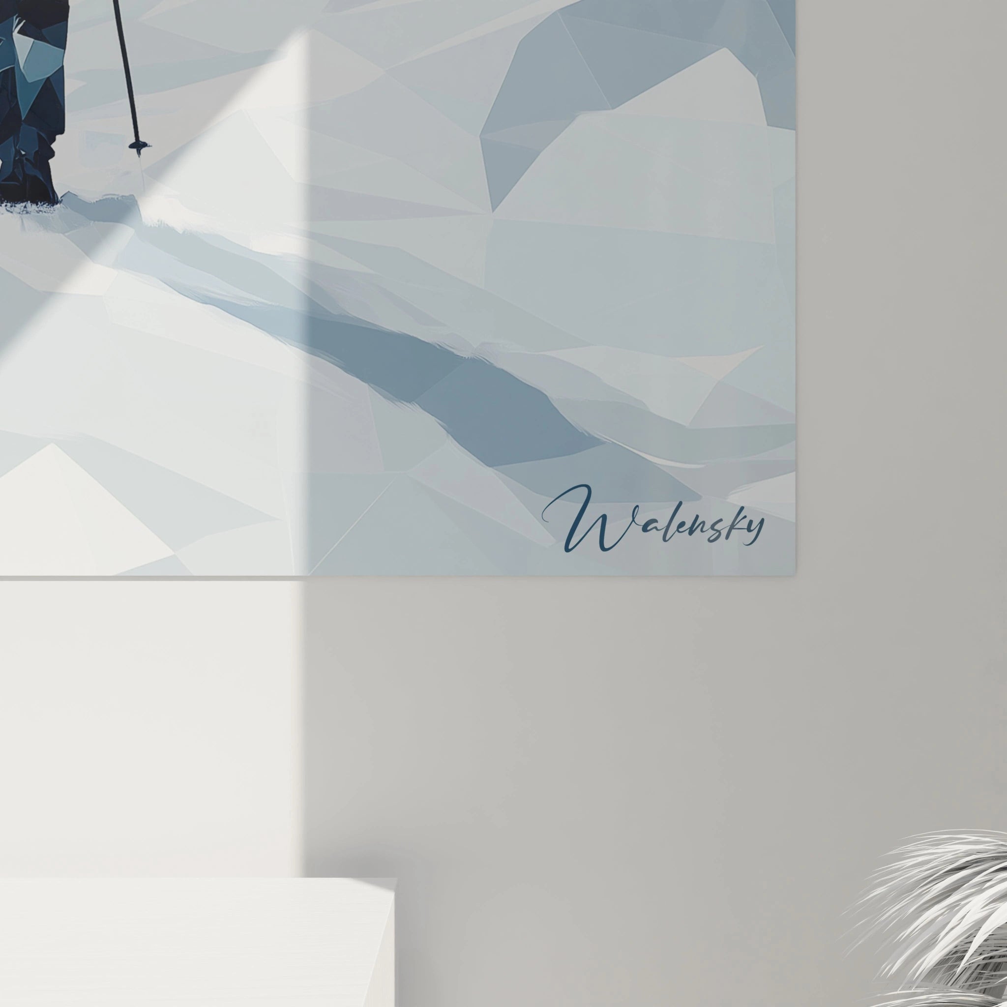 Un tableau Pieter Bruegel l'Ancien montrant un groupe progressant dans un environnement montagneux stylisé, où la lumière et les ombres jouent sur des surfaces géométriques blanches et bleues, donnant une impression de volume.