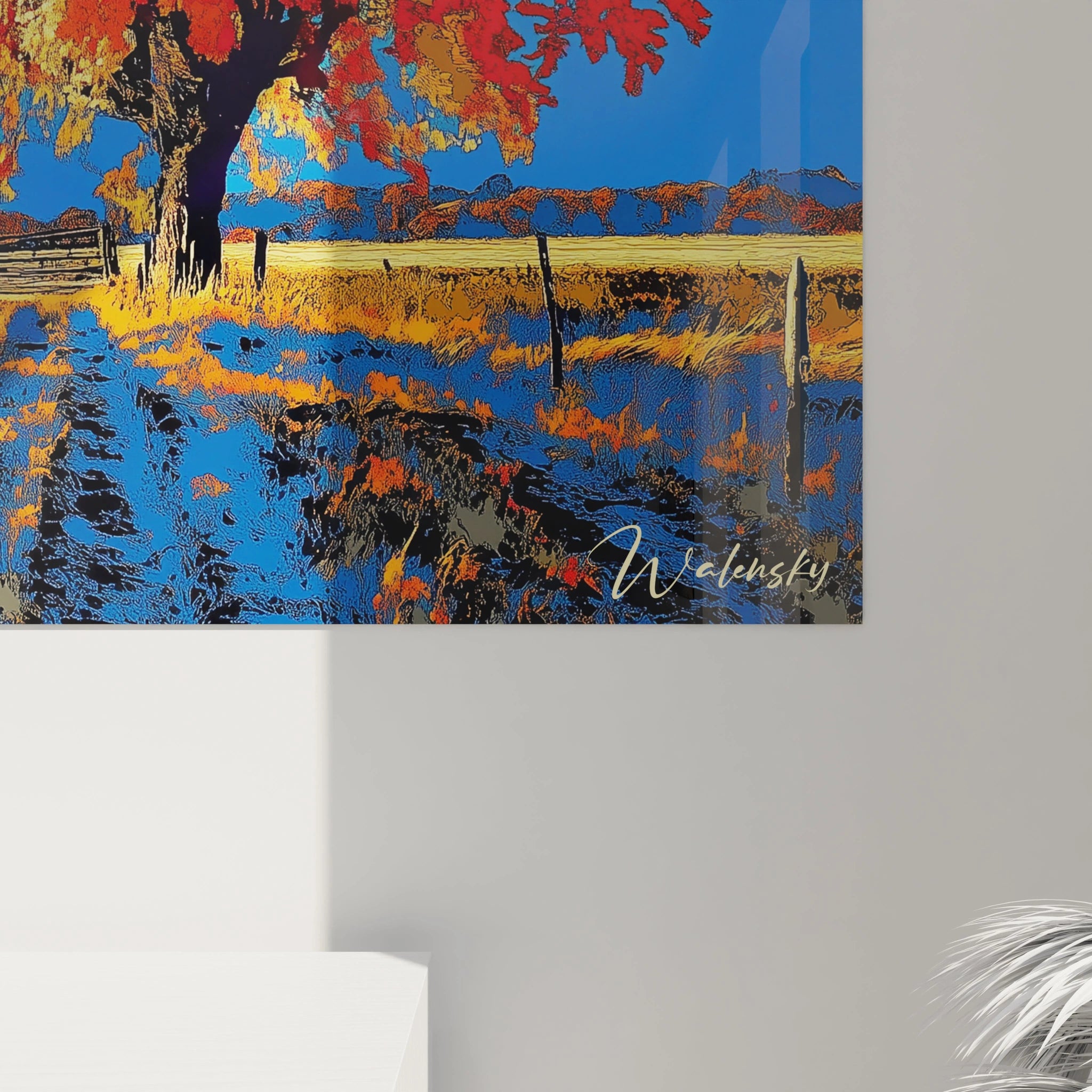 Un tableau Jean-Baptiste-Camille Corot capturant un décor champêtre avec une grange, un arbre flamboyant et un chemin terreux. Les couleurs dominantes sont le bleu, le rouge et l’orange, avec des contours marqués.