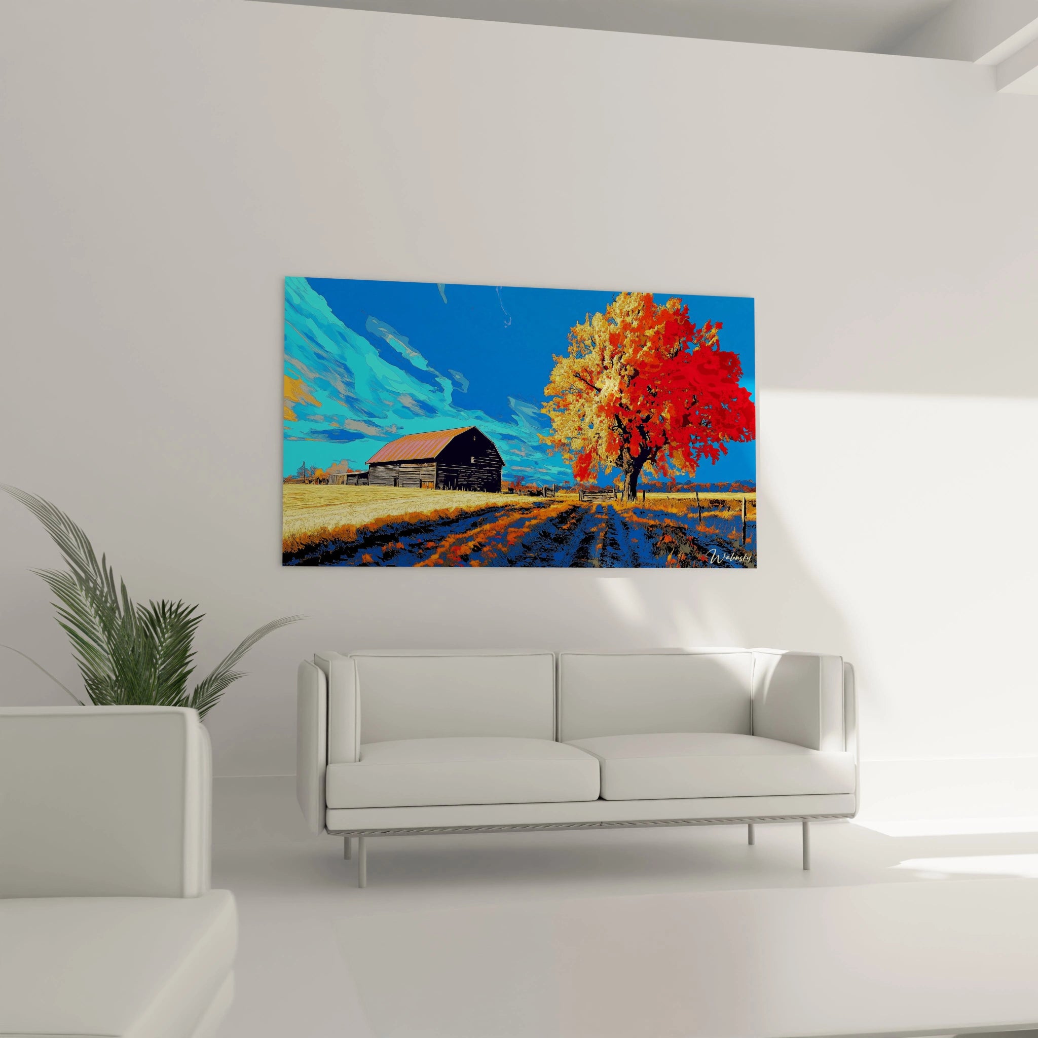 Un tableau Jean-Baptiste-Camille Corot mettant en scène un arbre aux feuillages rouges et orange à côté d’une grange rustique. Les textures du sol, du bois et du ciel bleu sont détaillées et marquées.